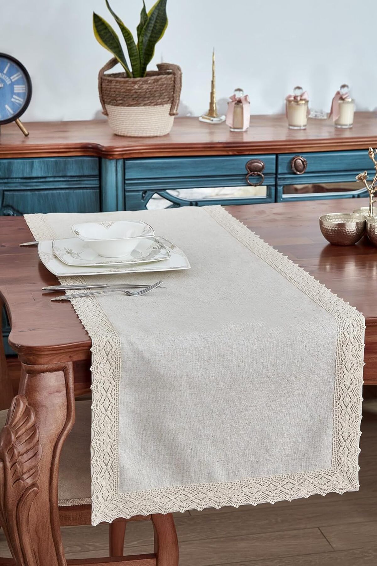 STOREMAX mrttnca Keten Pamuk Dantelli Runner 50x130 cm Linen Kumaş Masa Örtüsü Sehpa Leke Tutmaz Mutfak B