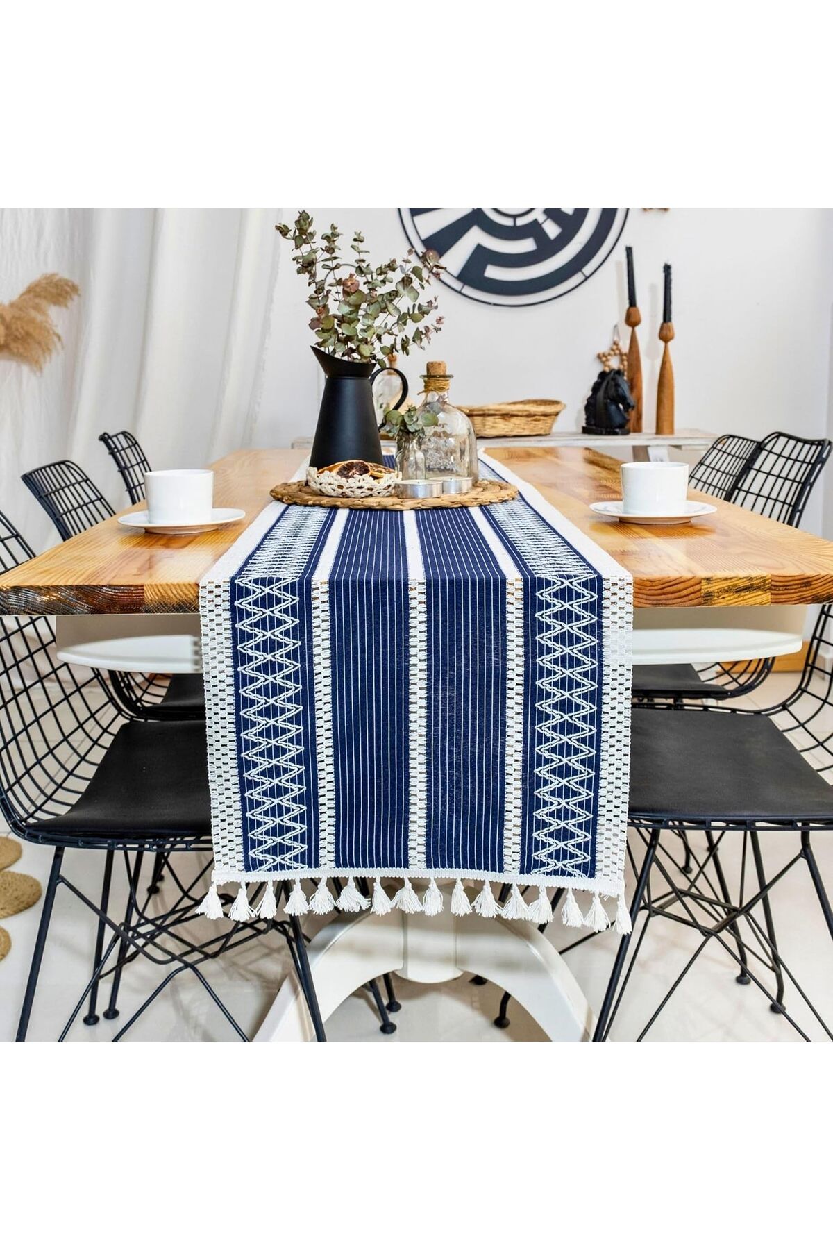 STOREMAX mrttnca HOME Tül Dantel Örgü Pamuklu Runner - Lacivert Püsküllü Runner, 35x150 cm Pamuklu Krem