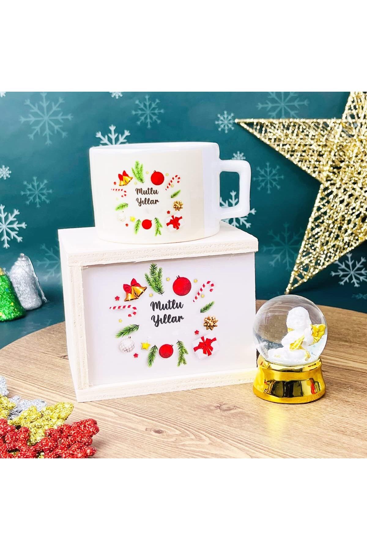 STOREMAX nffashopm Mutlu Yıllar Tasarımlı Kutulu Kupa Altınaldızlı Melek Mini Kar Hediye Seti storestar