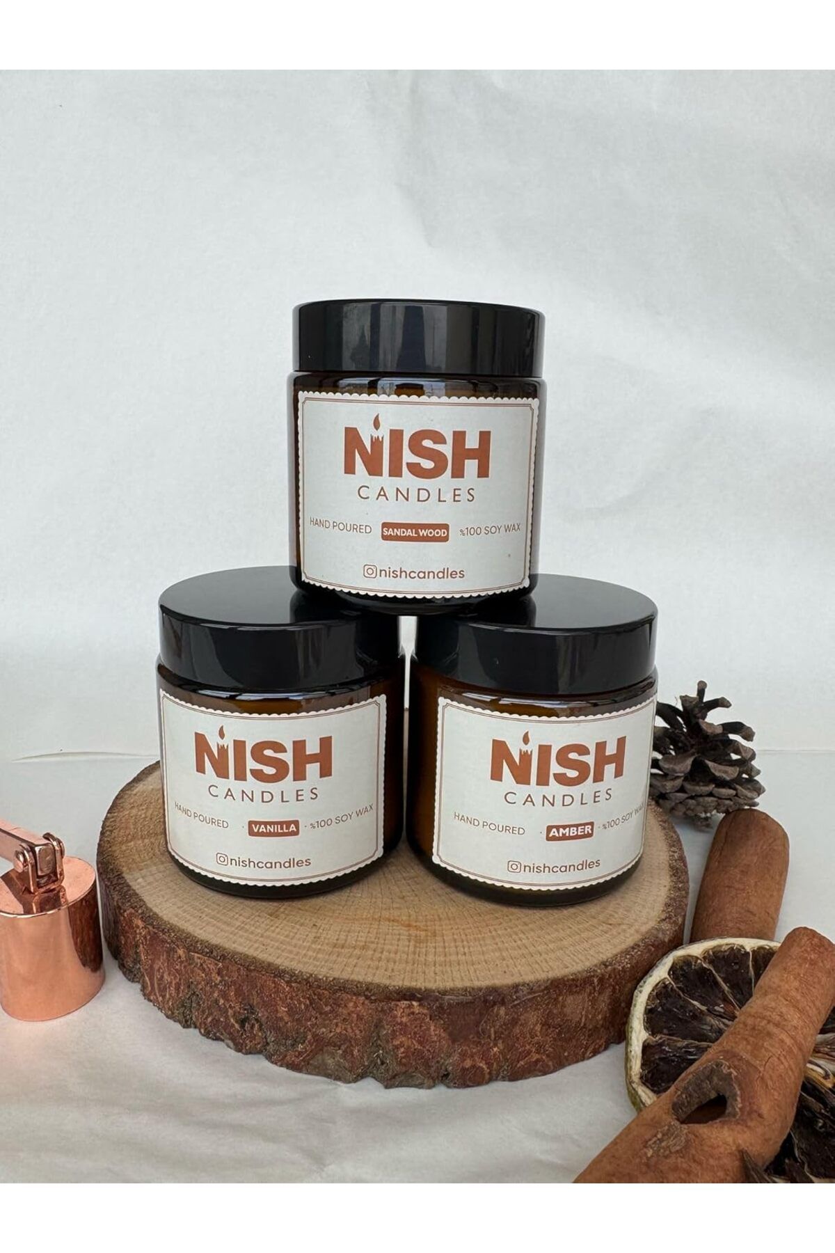 yenibagshop Soya Wax Üçlü Mum Seti – Sandal Ağacı, Vanilya ve Amber Kokulu