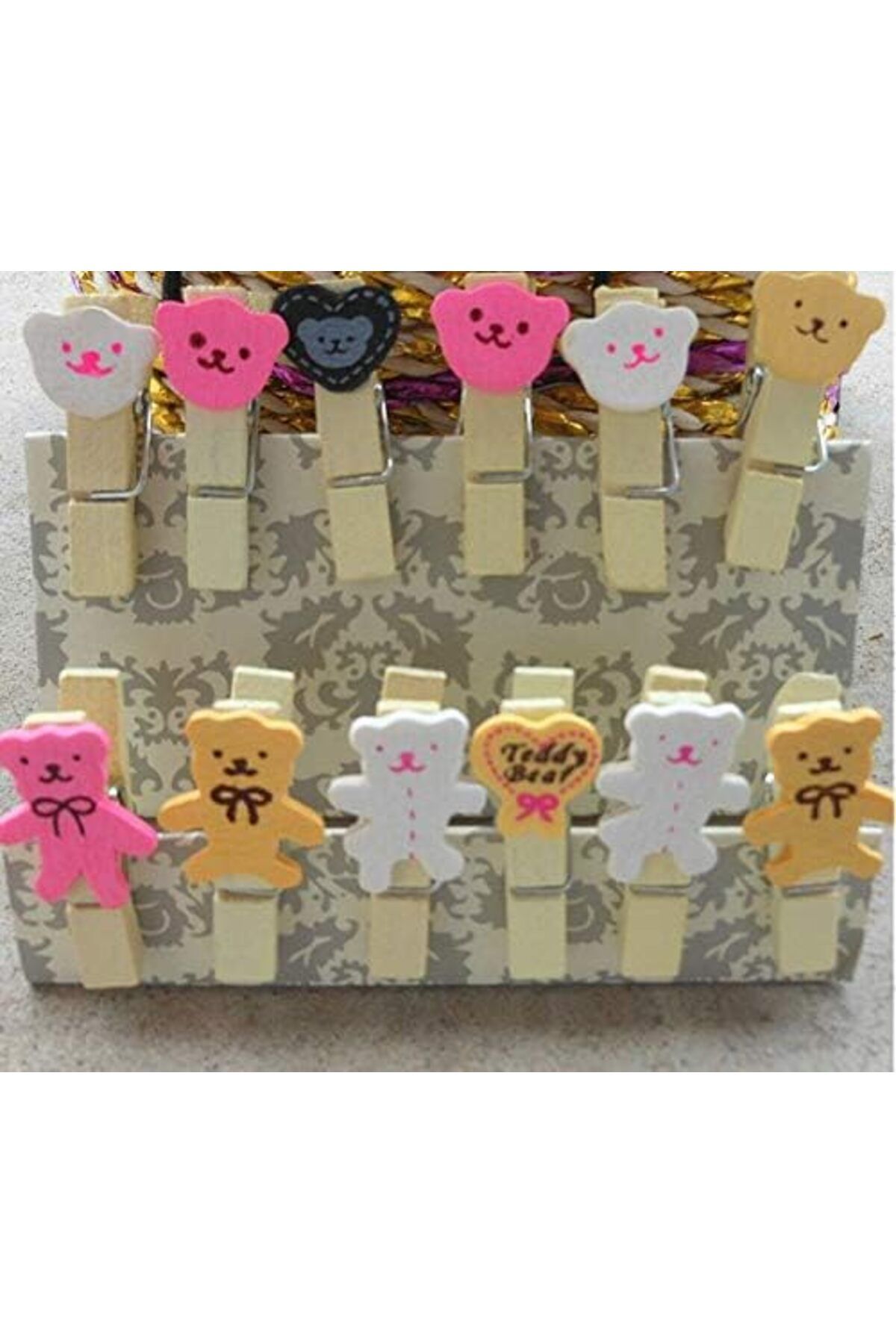 STOREMAX nffashopm Renkli Teddy Bear Ayıcık Desenli Minik Ahşap İpli Mandal 10 lu Set Fotograf Askısı s