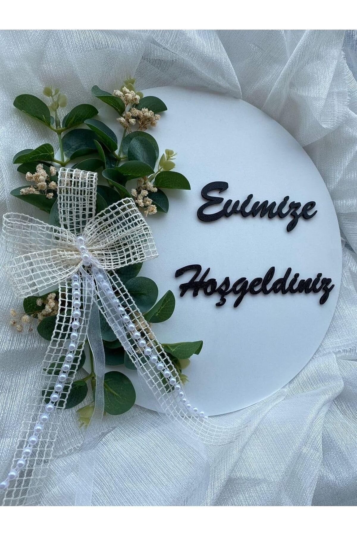 STOREMAX cmllashop Kapı Süsü Evimize Hoşgeldiniz Ahşap Okaliptus Yaprağı Beyaz Hediyelik 23-1 Beyaz 5