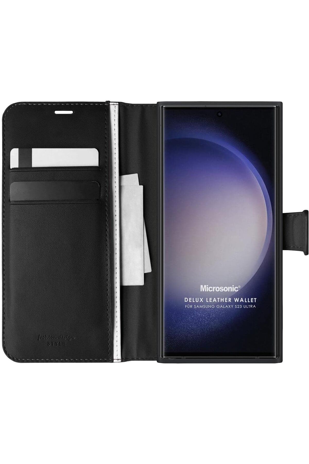 STOREMAX htpshopmx Galaxy S23 Ultra için Kılıf Delux Leather Wallet Siyah [Galaxy S23 Ultra ile Uyumlu Kı
