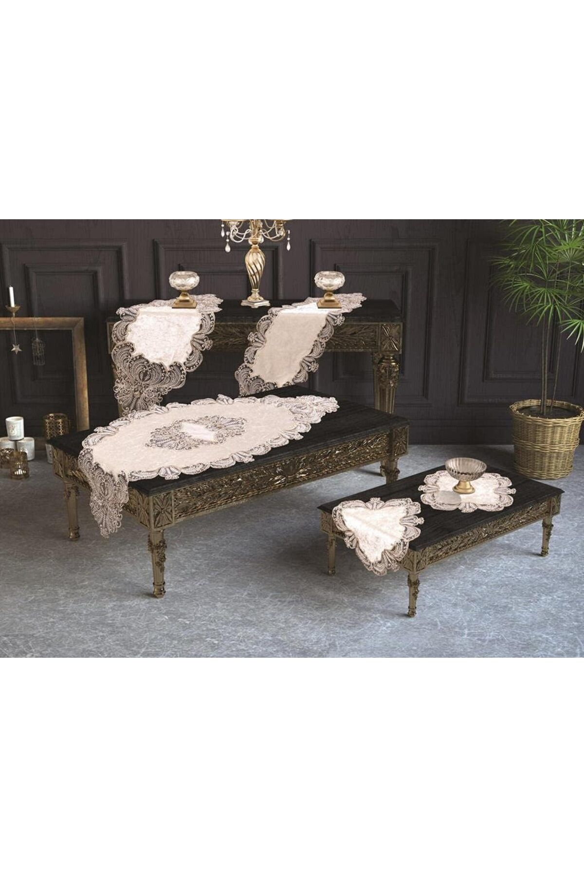 STOREMAX sellbuystore diyarı Fransız Güpürlü Yasemin Kadife Salon Takımı 5 Parça Krem 161496 1053513