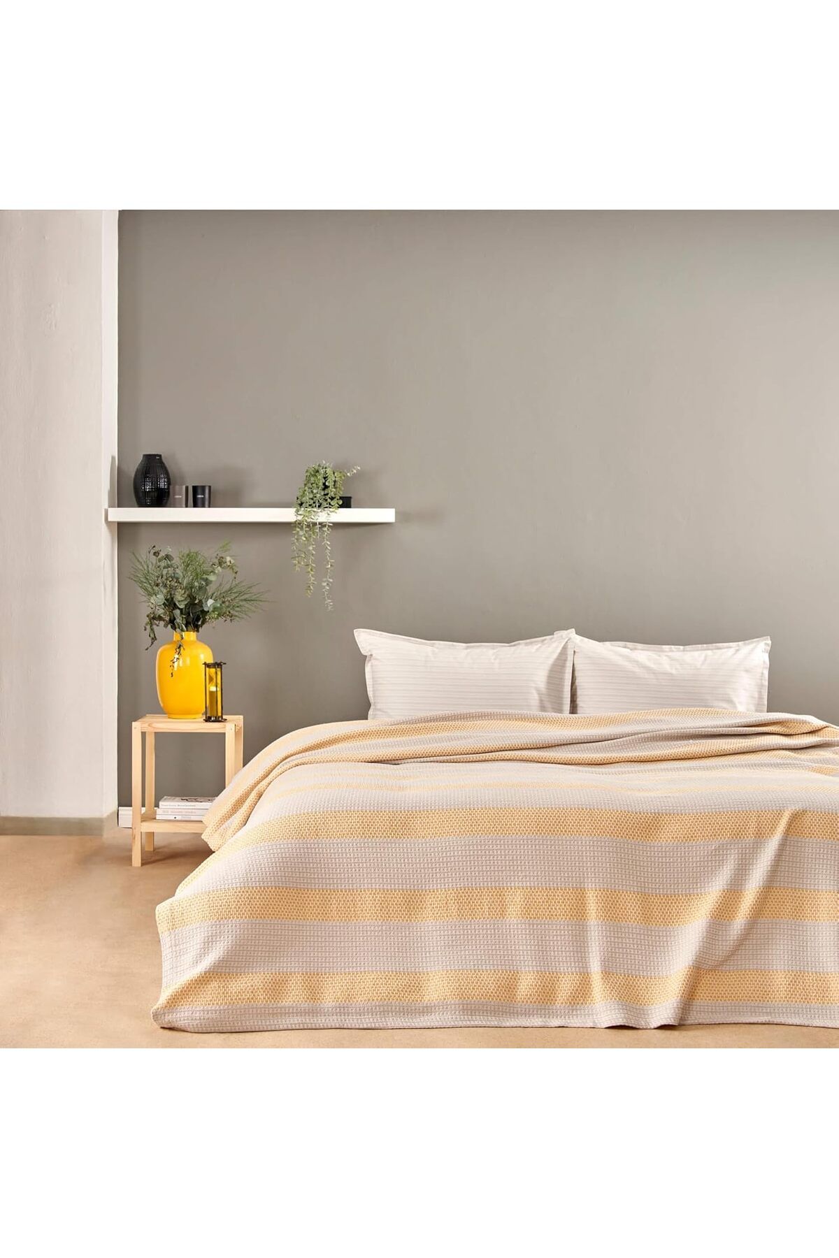 STOREMAX nffashopm Motto Çizgili%100 Pamuk Pike Takımı, Sarı, Çift Kişilik