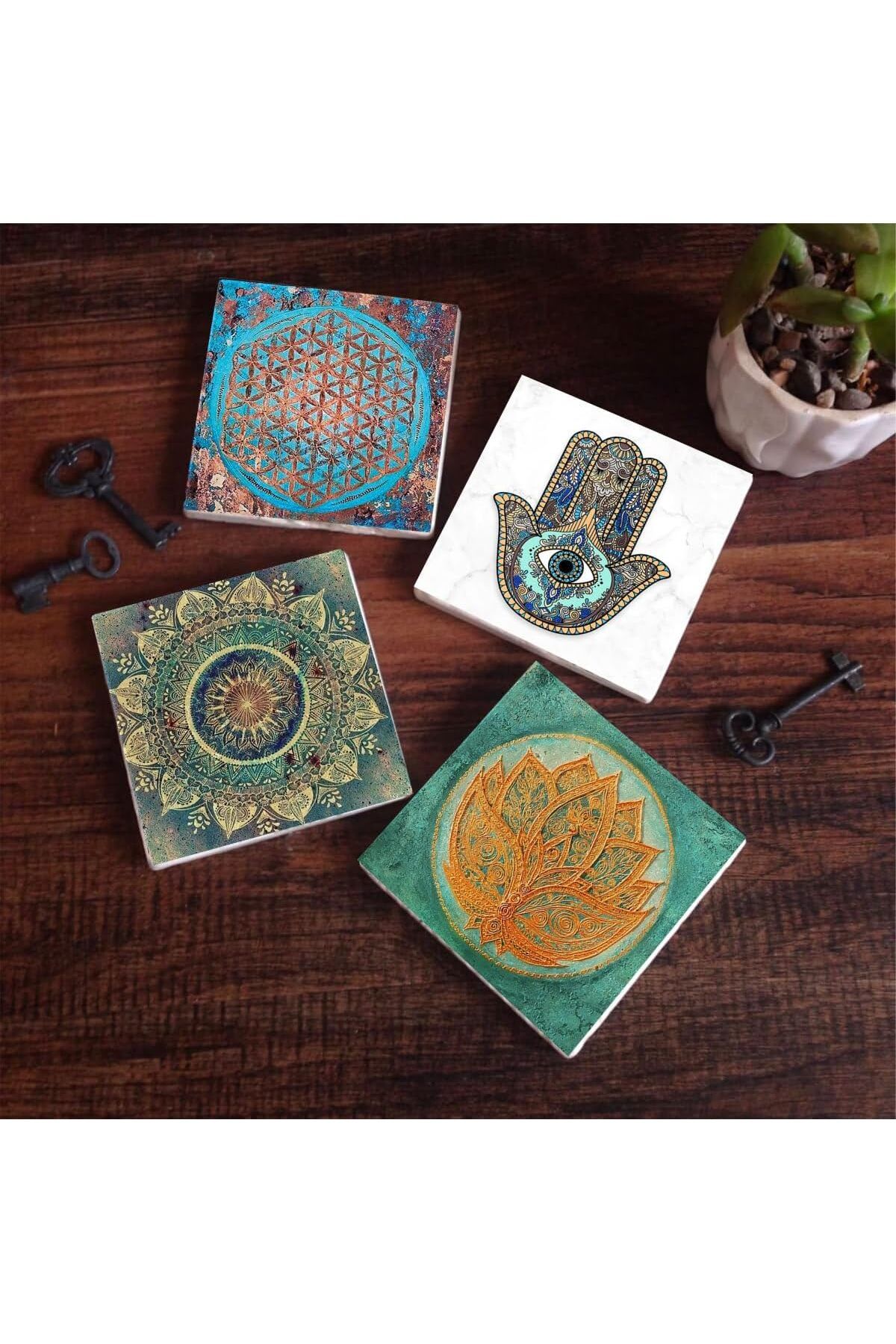 STOREMAX nffashopm Mandala, Yaşam Çiçeği, Lotus Çiçeği, Fatma Ana Eli (Hamsa) Taş Bardak Altlığı S