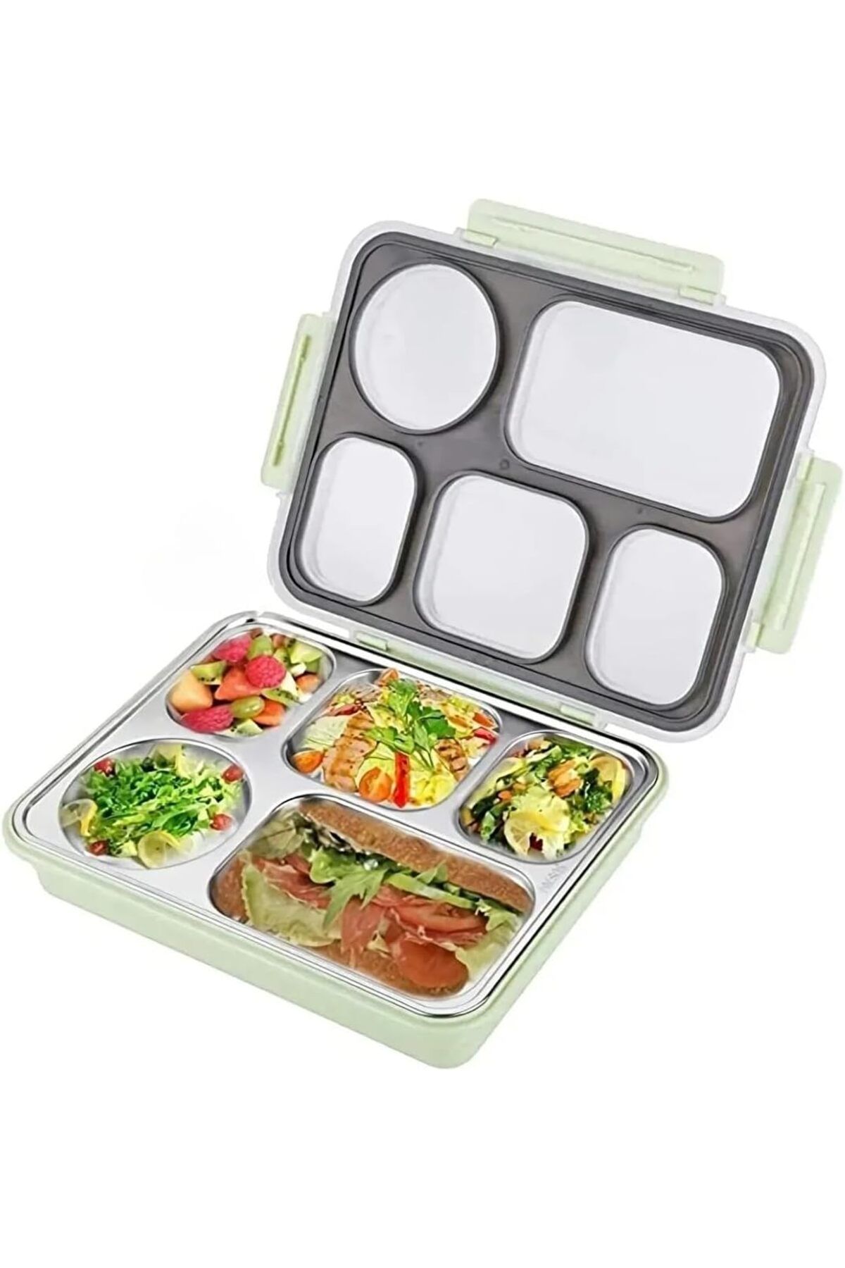 STOREMAX bystoreby Bento 1600ml Lunchbox Tek Katlı 5 Bölmeli Çelik Sefer Tası Yemek Kutusu (Açık Yeşil