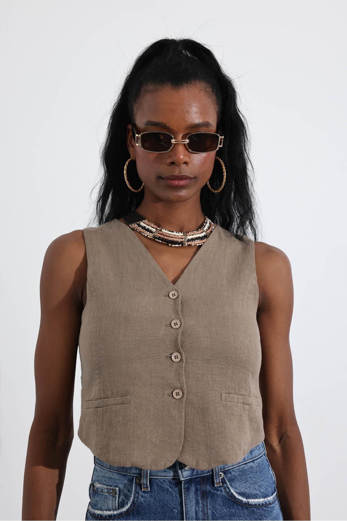 5in1Canpolat-Mink Buttoned Linen Vest 6018 5
