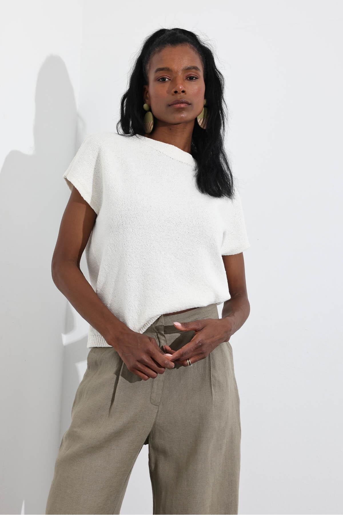 5in1Canpolat-Bone Low Sleeve Linen Knitted Knitwear 7001 3