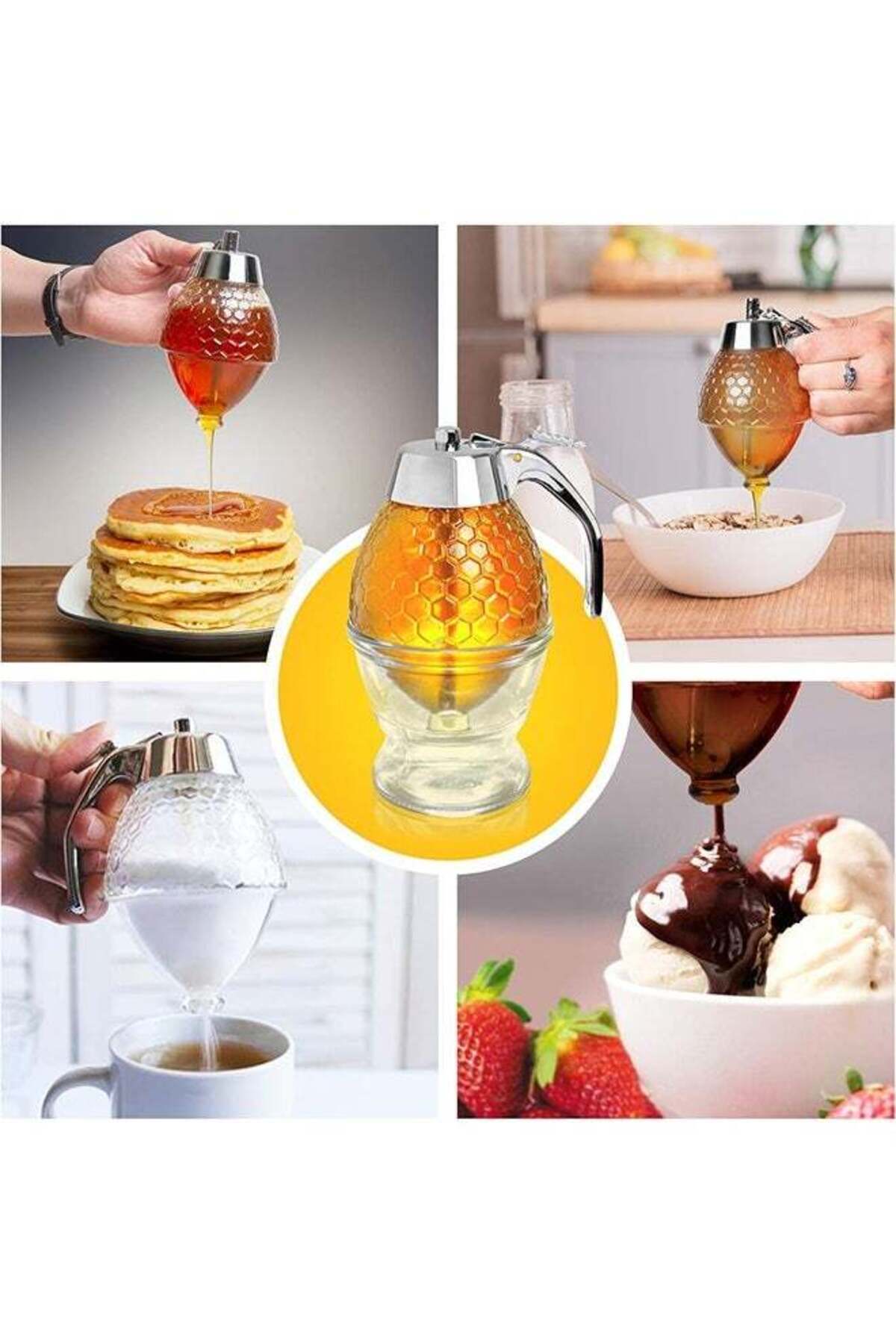COOYA-موزع عسل سعة 200 مل، مقاوم للتنقيط، مع حامل وتصميم على شكل قرص العسل، مناسب لصنع الحلويات 5