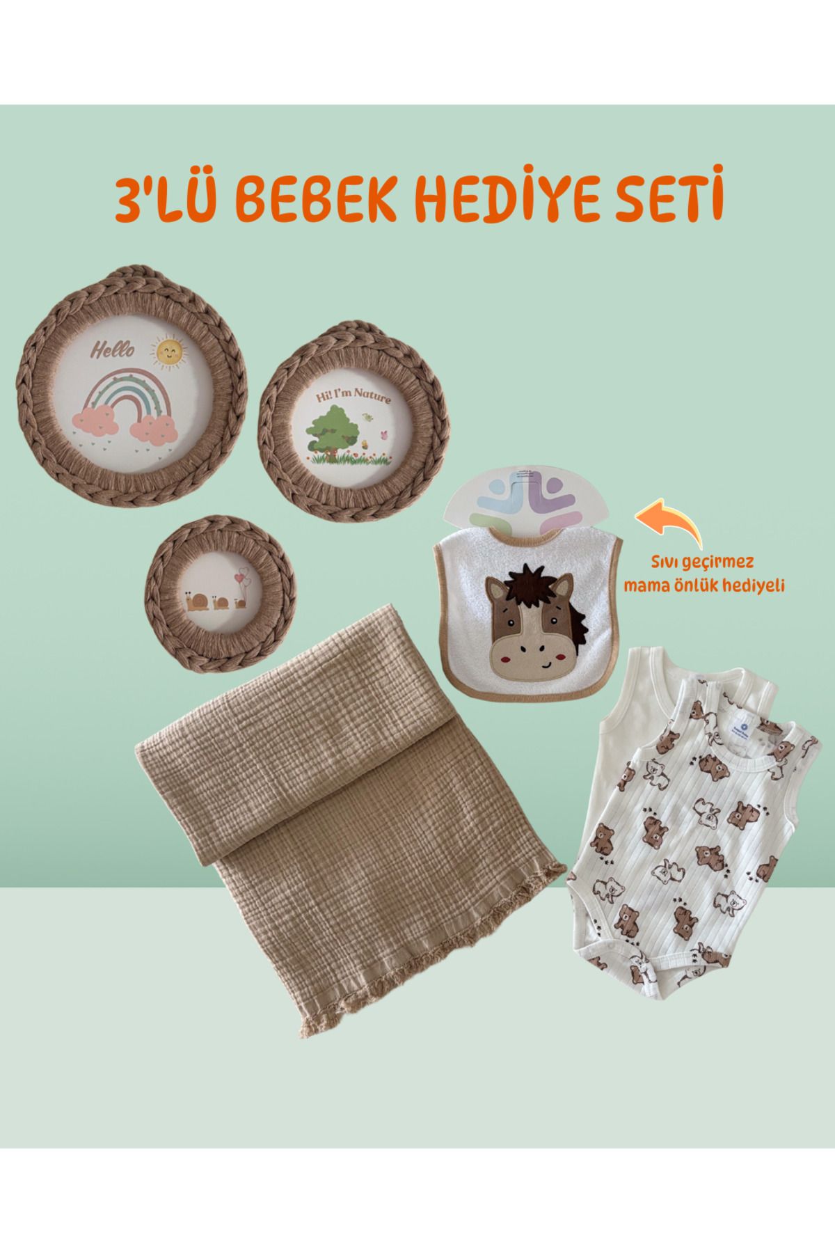 Home 3'lü Bebek Hediye Seti,4 Katlı Müslin Battaniye,2'li Zıbın Takımı,3'lü Minimal Tablo Seti