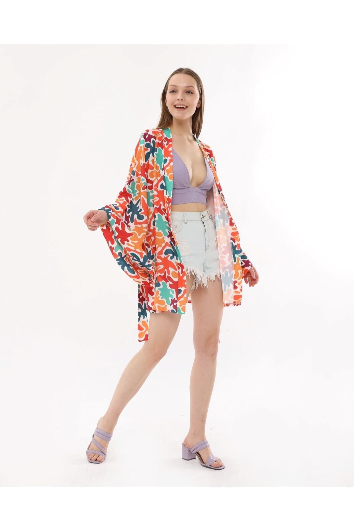 Bolder Naomi Renkli Desen Pamuklu Kimono