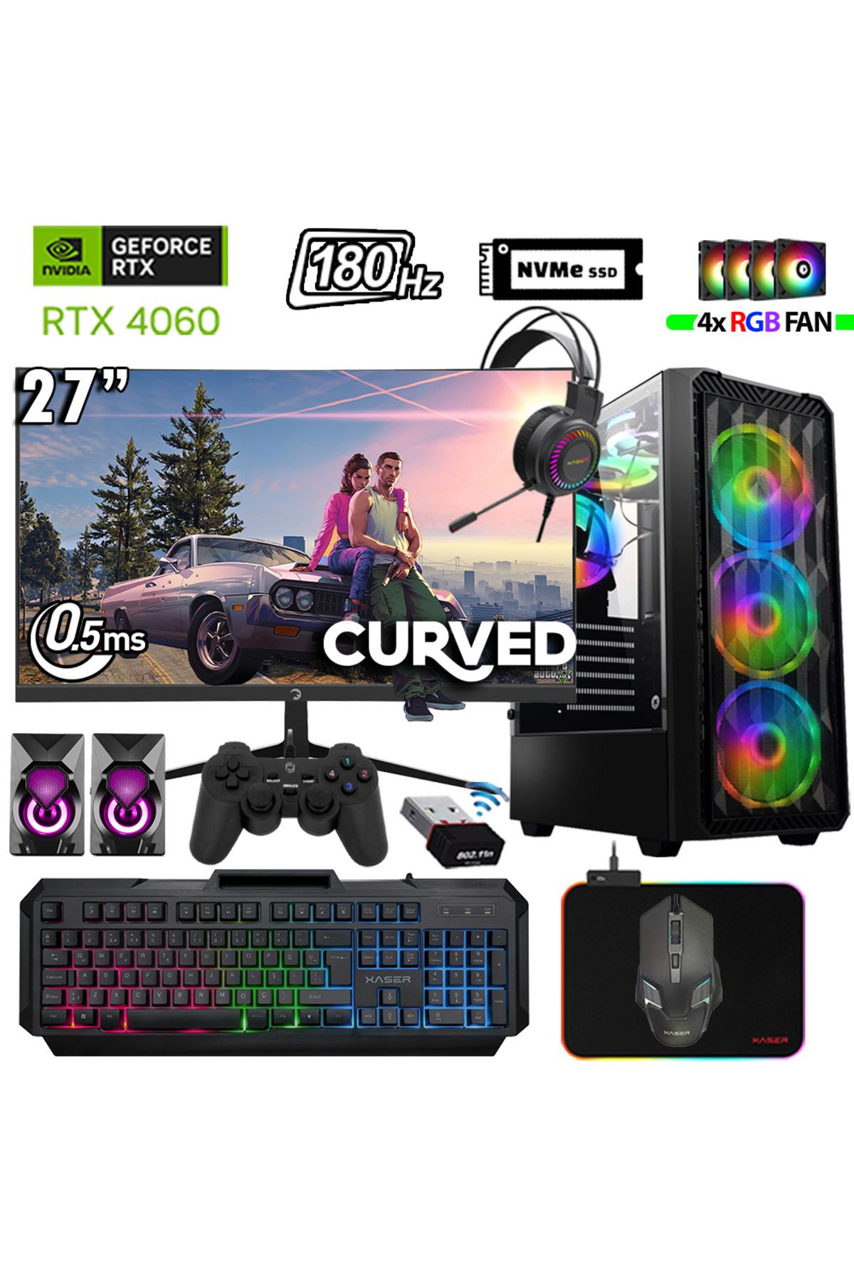 XASER Thunder x480 Ryzen 5 7500F 32GB DDR5 Ram 1TB M.2 NVMe SSD 8GB RTX4060 27" 180Hz Oyuncu Bilgisa