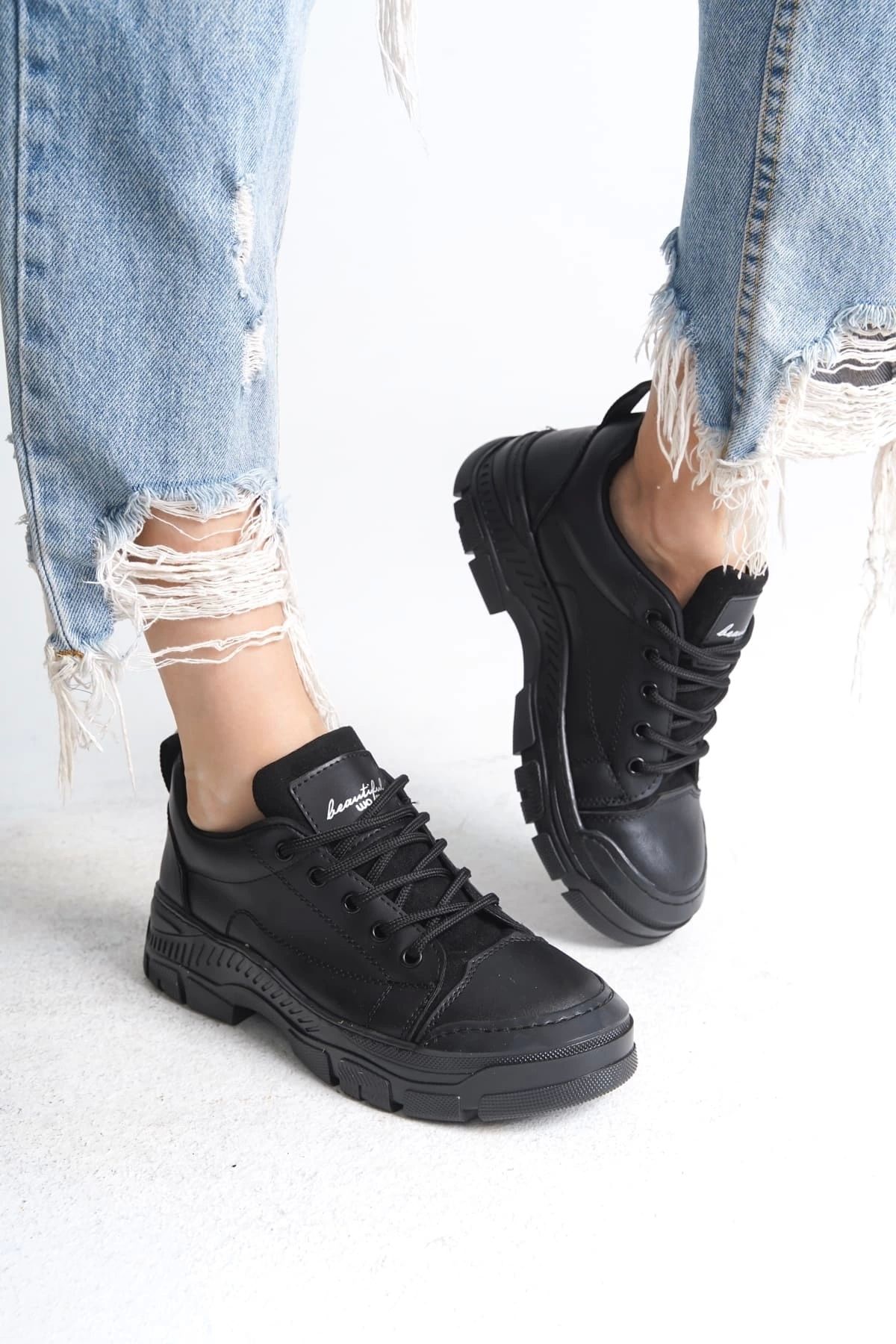 Joy Ayakkabı JANE Bağcıklı Ortopedik Taban Kadın Sneaker Spor Ayakkabı ST - Siyah