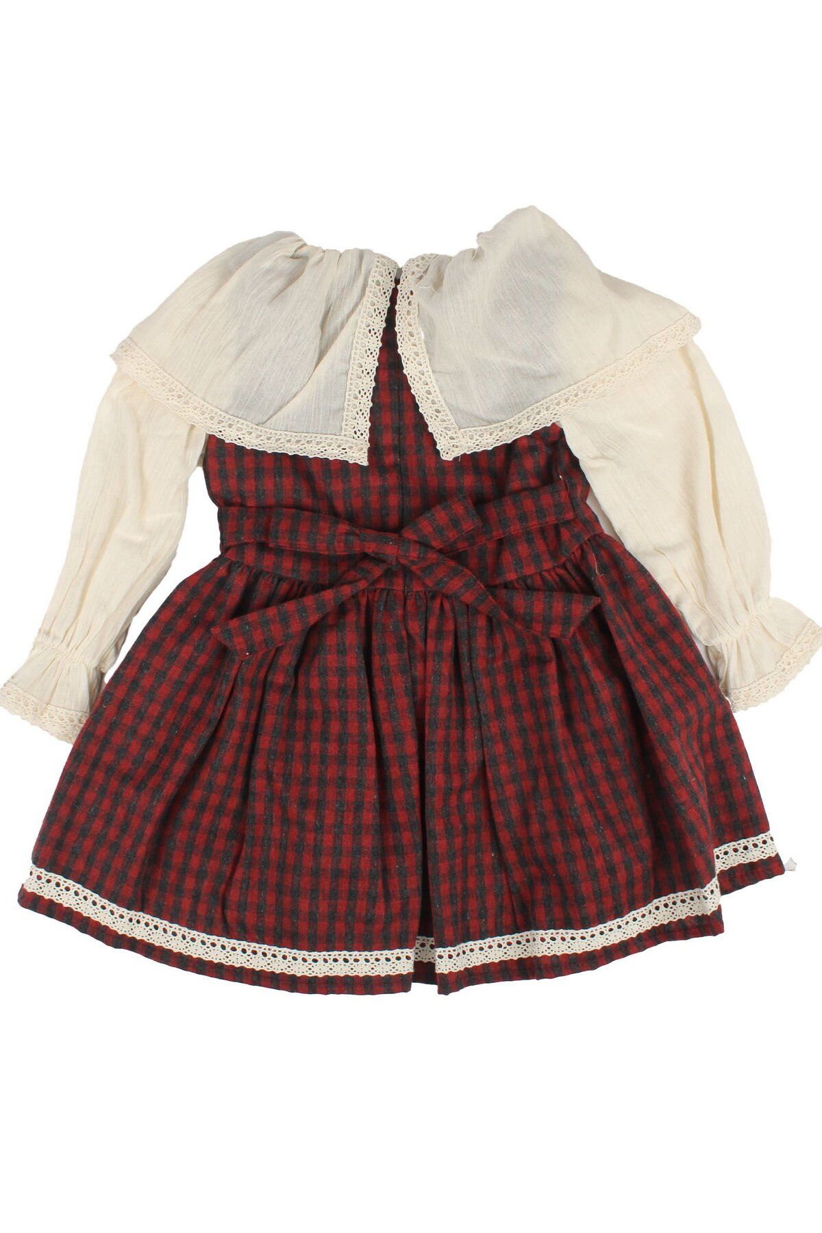 bebegen-Girl's Ecru Red Plaid Patterned Collared Scalloped Flower Embroidered Dress 6