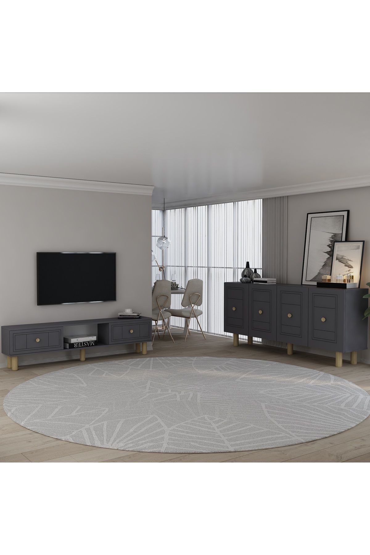 DemonteHome DARİODH BOHEM KONSOL (KB150), BOHEM TV SEHPASI 2 Lİ SALON TAKIMI ANTRASİT-ANTRASİT