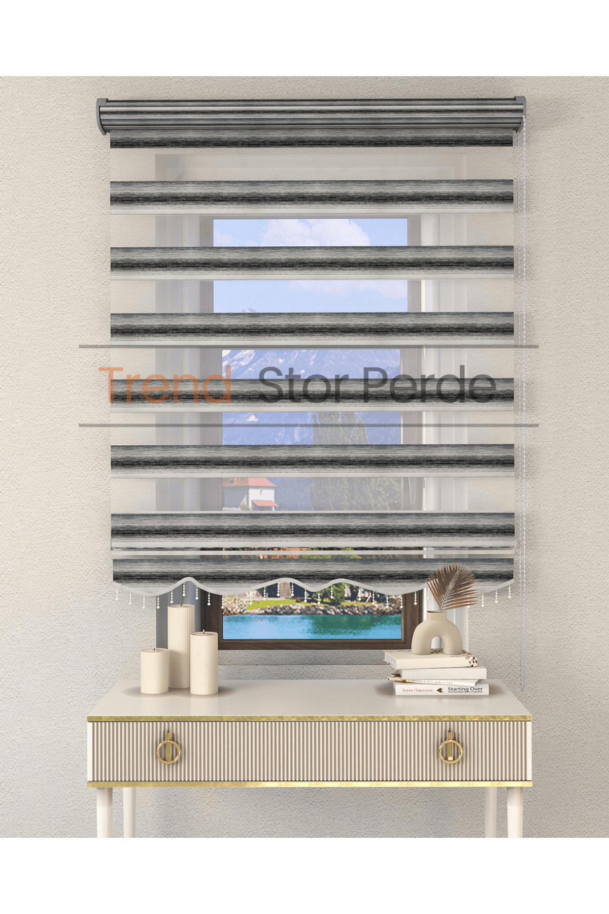 Black Green Toggle Beaded Zebra Roller Blind Curtain