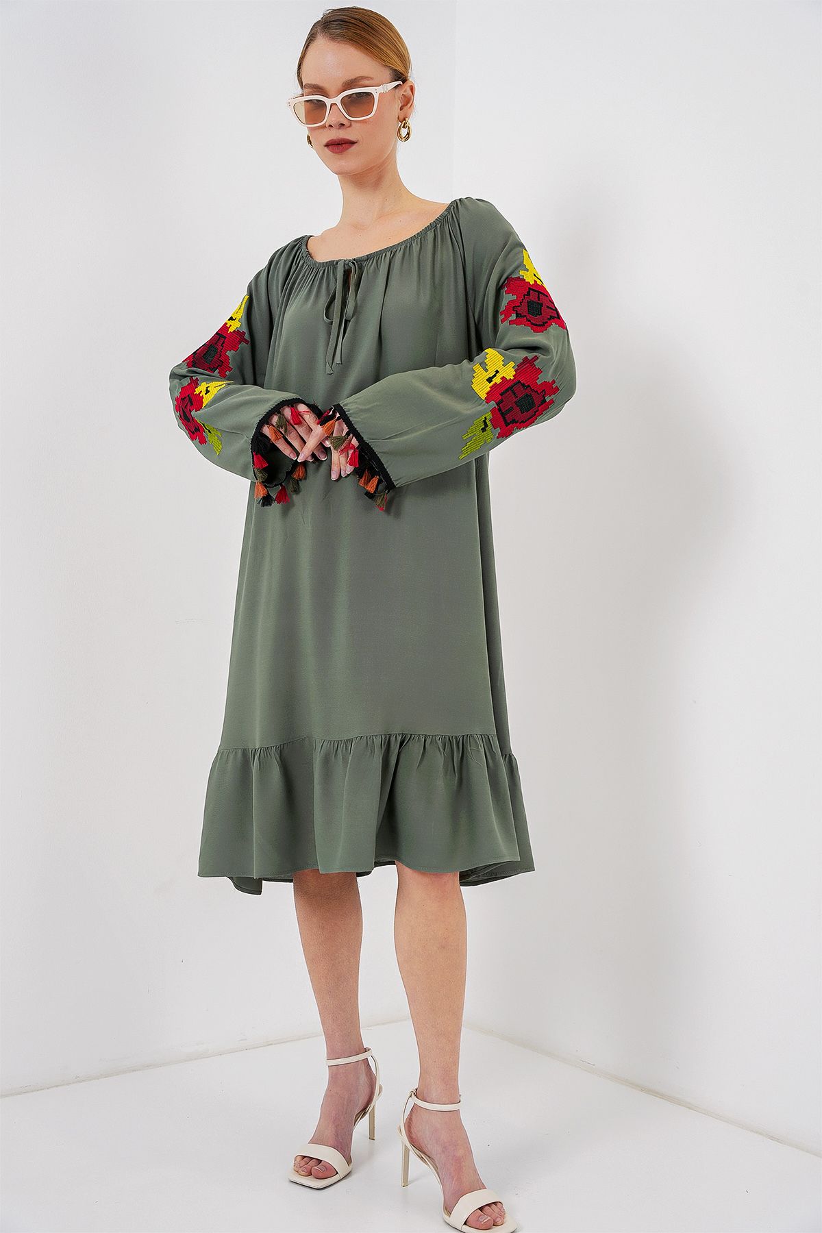 Bigdart-Hímzett Midi ruha 2531 - Khaki 2