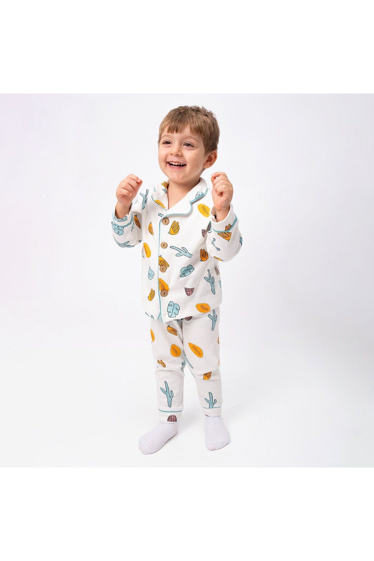 bebegen-Unisex Ecru Green Orange Leaf Cactus Print Double Breasted Lapel Pajamas Set 5