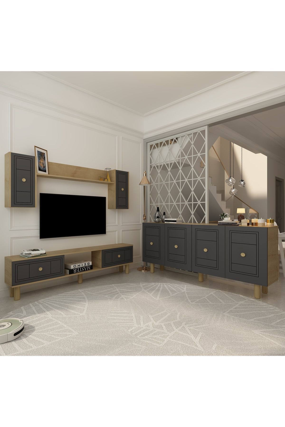 DemonteHome DARİODH BOHEM KONSOL (KB150), BOHEM TV ÜNİTESİ 2 Lİ SALON TAKIMI SAFİRMEŞE-ANTRASİT