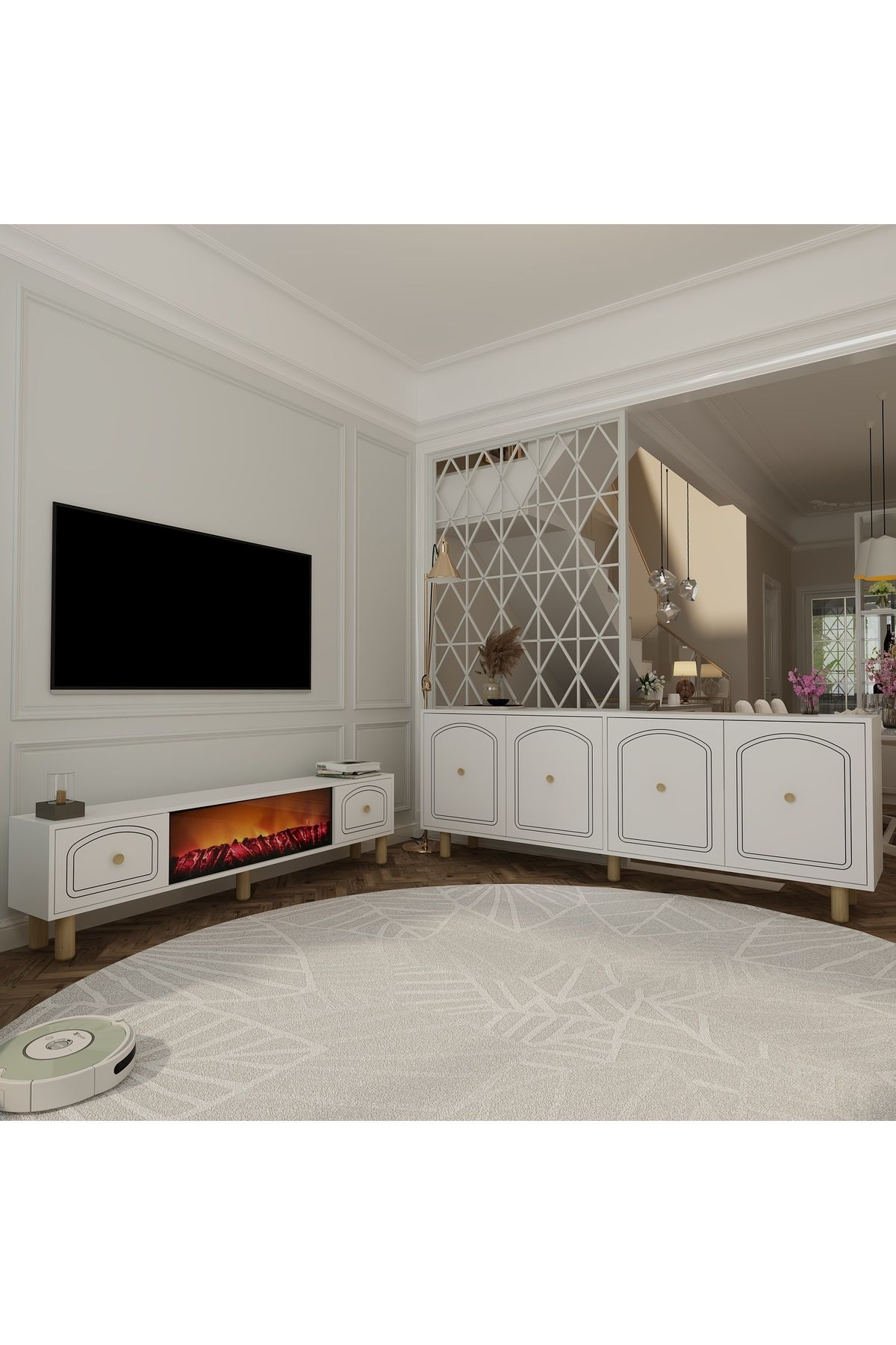 DemonteHome HAZALDH 180 CM BOHEM KONSOL (KX180), 180 CM BOHEM ŞÖMİNELİ TV SEHPASI BEYAZ-BEYAZ