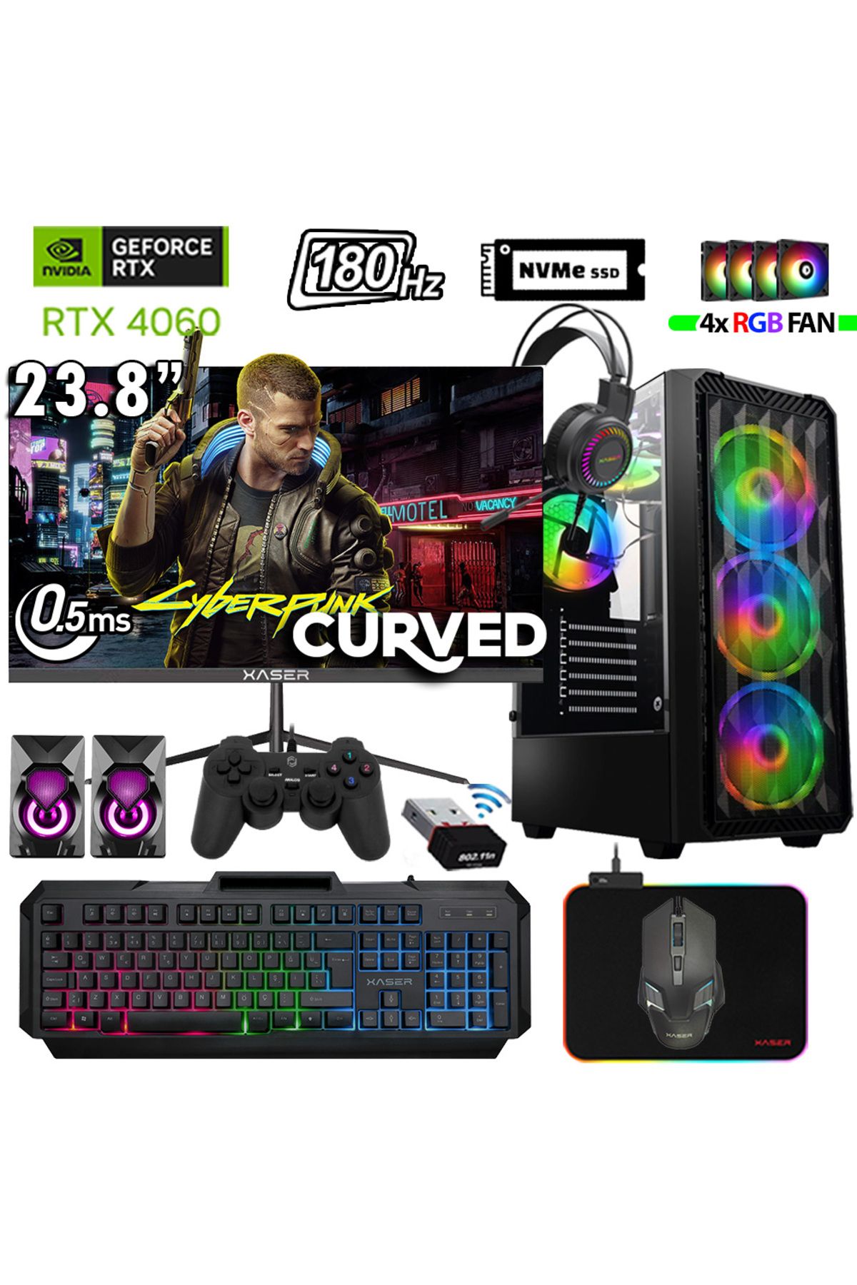 XASER Thunder x530 Ryzen 7 7700 16GB DDR5 Ram 512GB M.2 NVMe SSD 8GB RTX4060 23.8" 180Hz Oyuncu Bilg