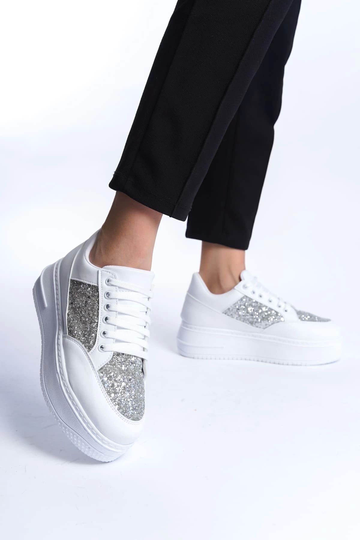 Joy Ayakkabı MIPA Bağcıklı Ortopedik Taban Simli Kadın Sneaker Spor Ayakkabı BT - Beyaz