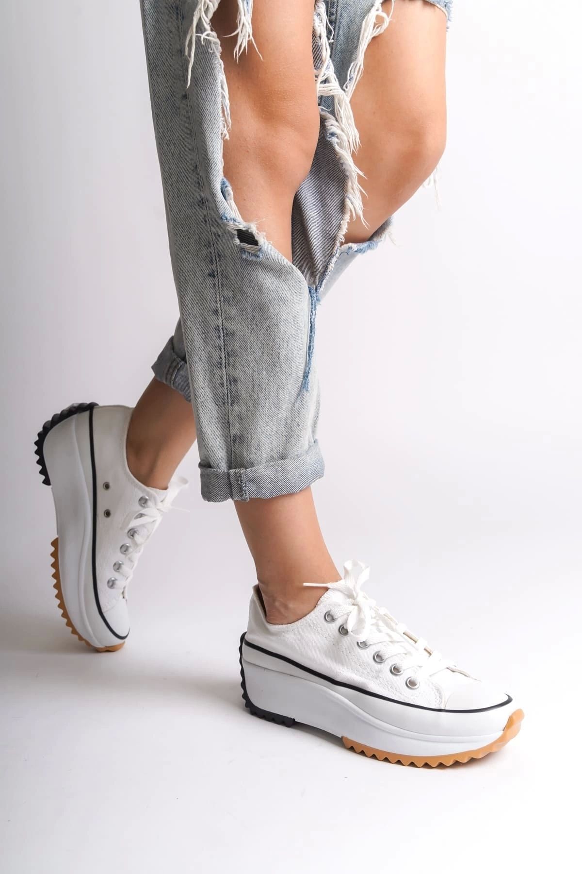 Joy Ayakkabı PARIS Bağcıklı Ortopedik Taban Kadın Sneaker Spor Ayakkabı BT - Beyaz