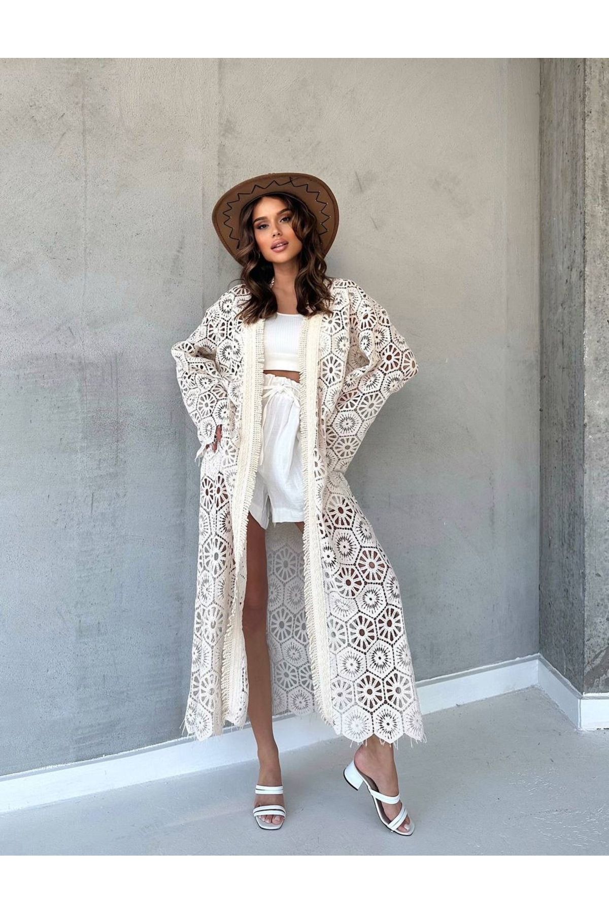 ZES COLLECTİONS Şerit Aksesuarlı Dantel Kimono