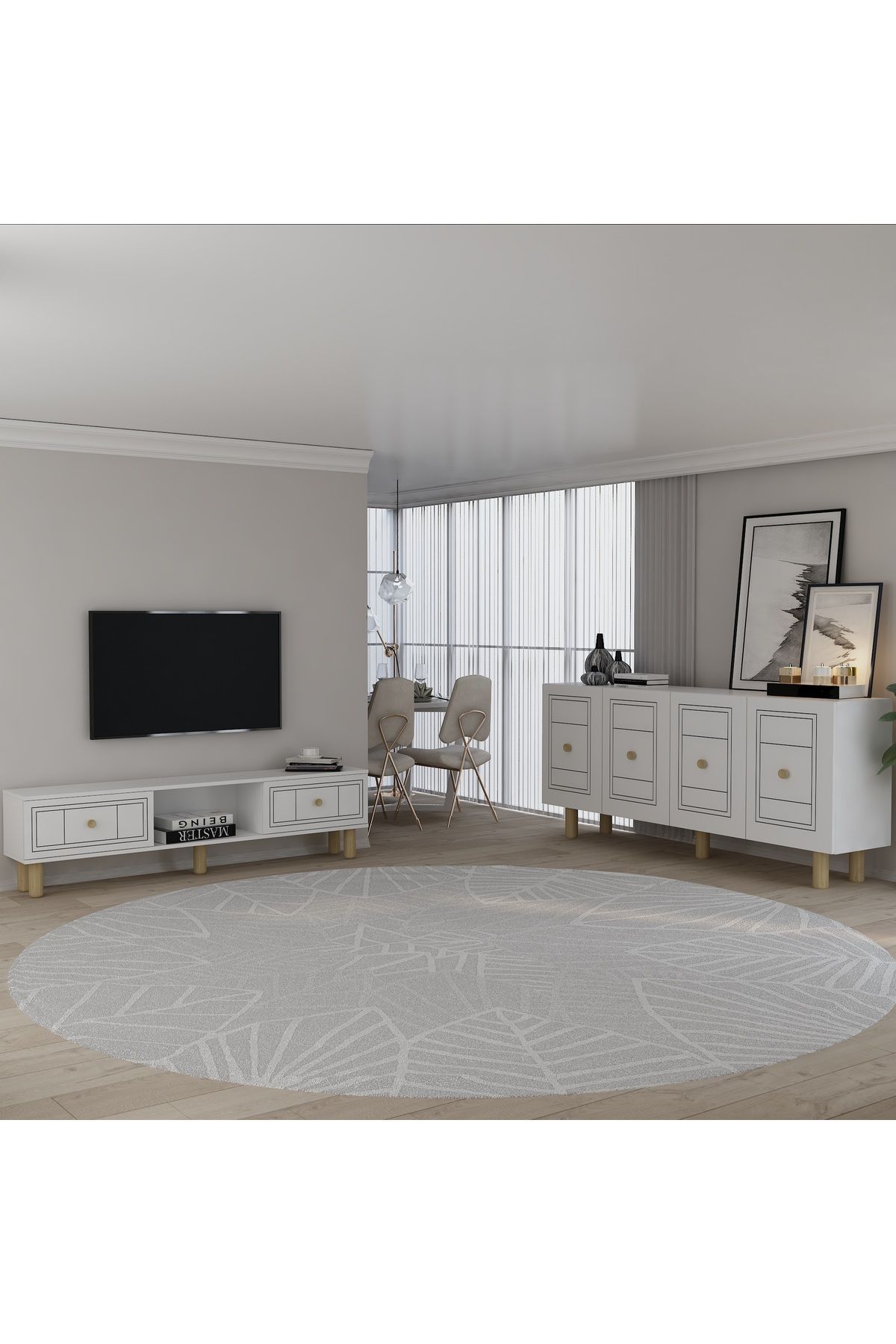 DemonteHome DARİODH BOHEM KONSOL (KB150), BOHEM TV SEHPASI 2 Lİ SALON TAKIMI BEYAZ-BEYAZ