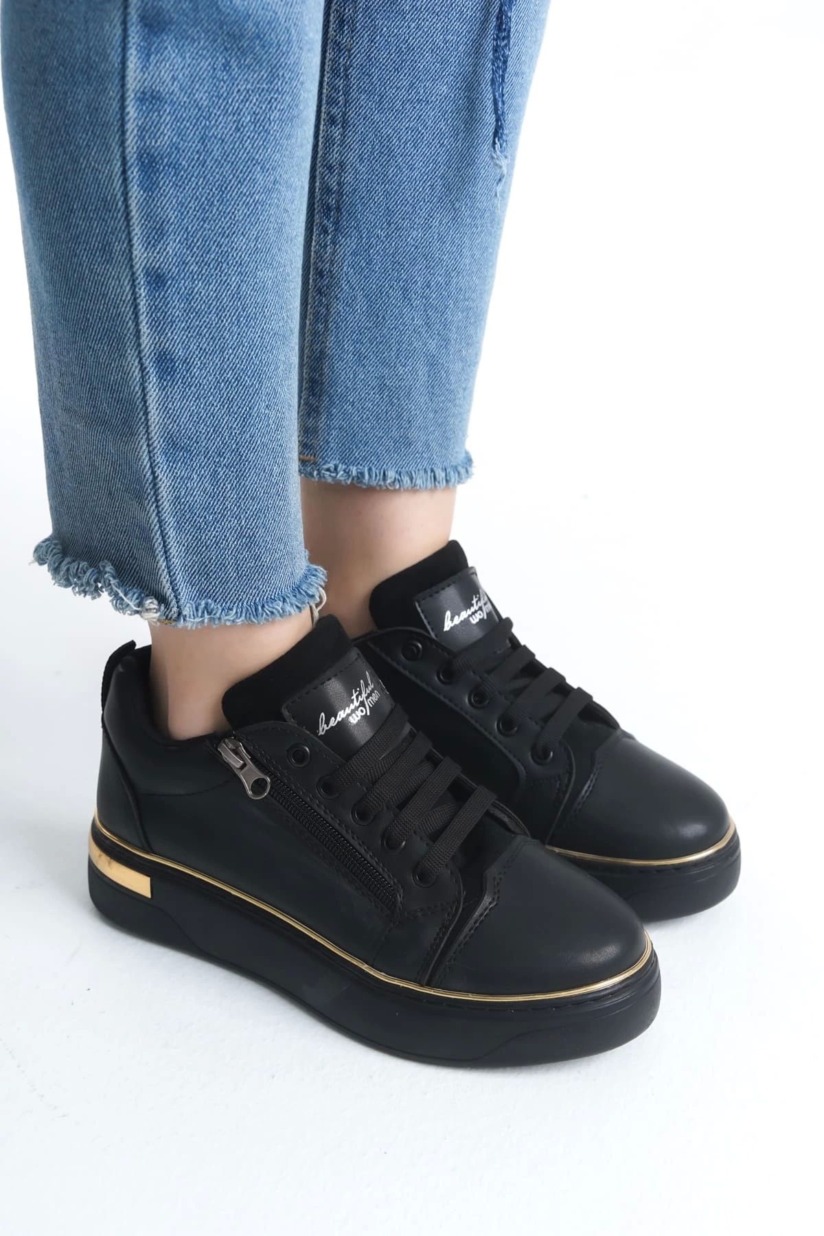 Joy Ayakkabı DINA Bağcıklı Fermuarlı Ortopedik Taban Kadın Sneaker Spor Ayakkabı ST - Siyah/Altın