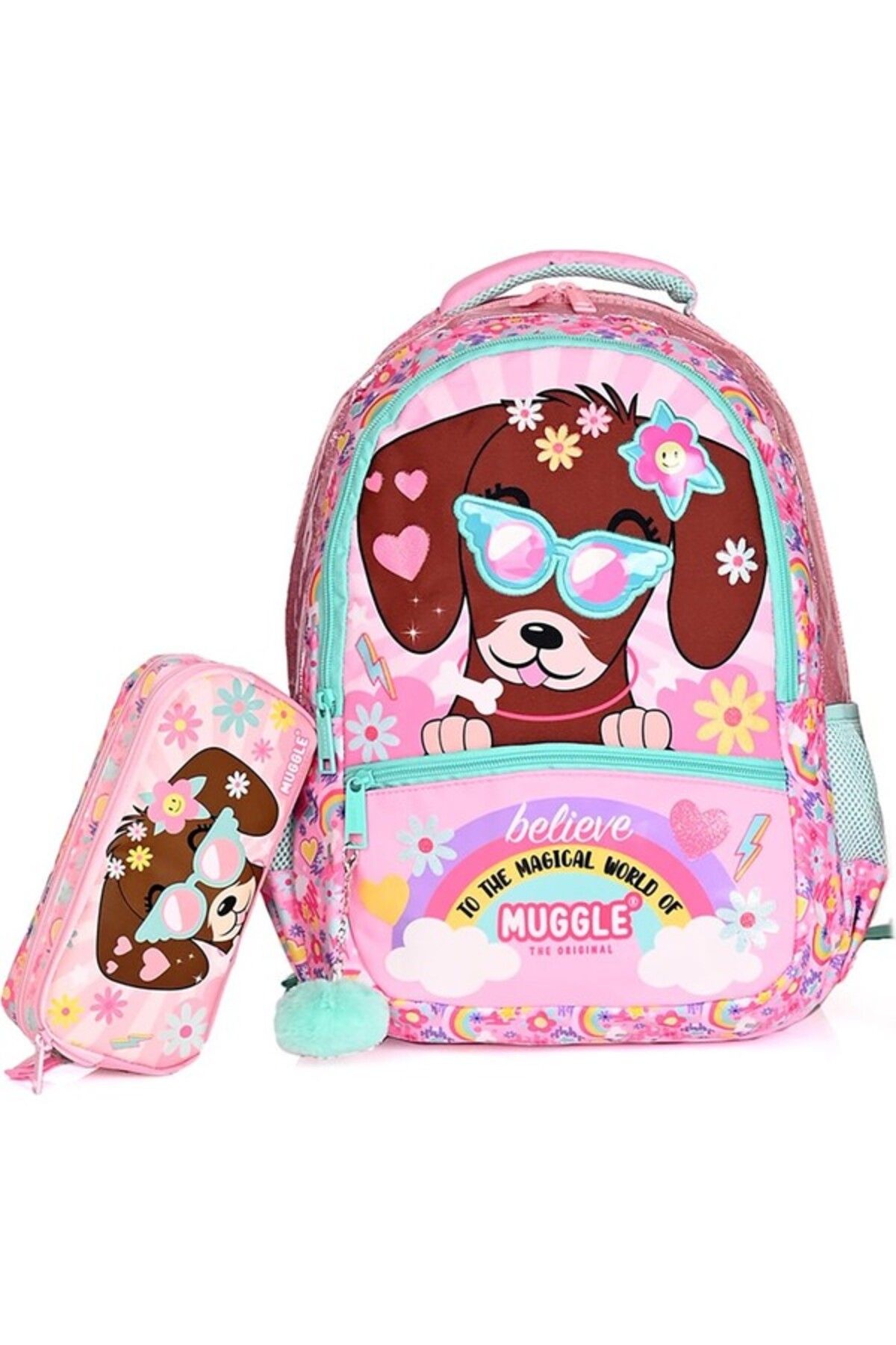 MUGGLE 9008 Cute Dog Ilkokul Sırt Çantası Kalemlikli Set Pembe
