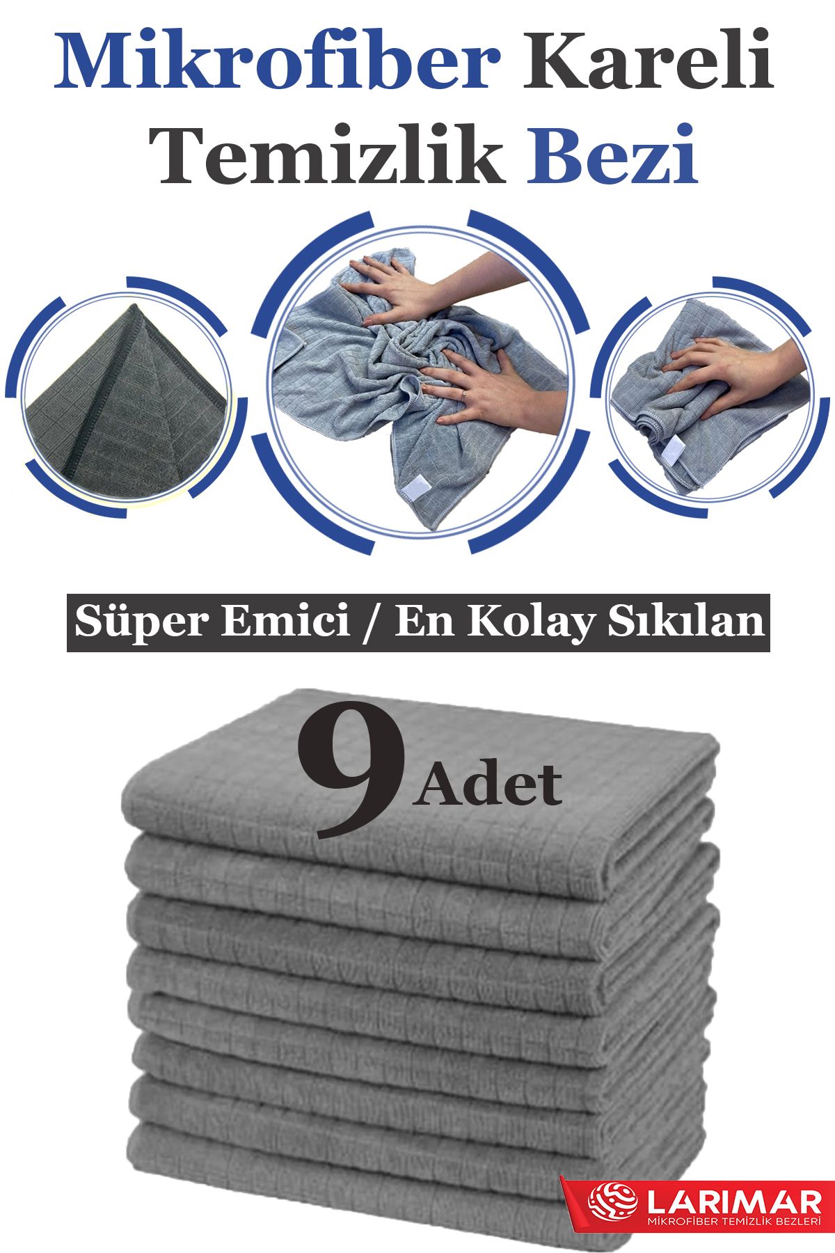 Larimar 9 Adet Jumbo Boy Mikrofiber Kareli Temizlik Bezi Duvar Ve Yer Silme Bezi Sıkılması En Rahat 50*70cm
