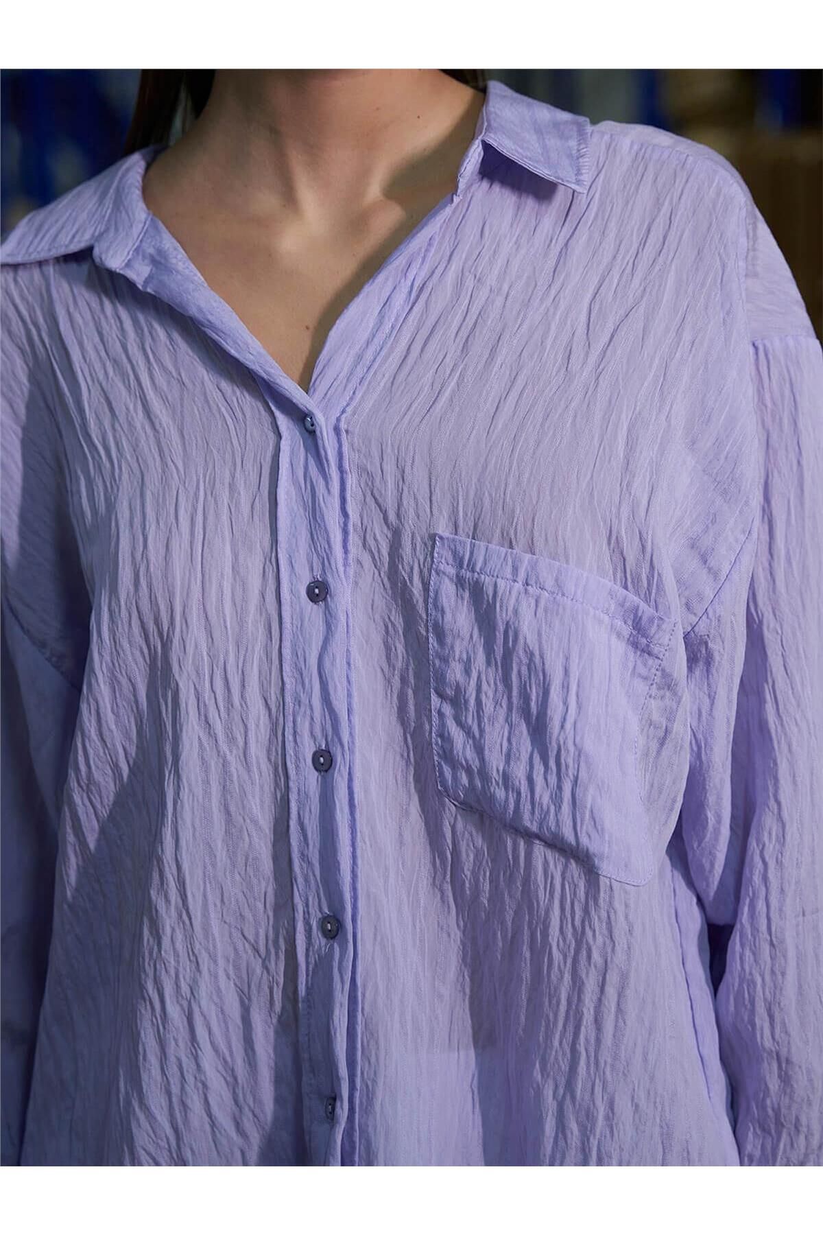 Coral-Lilac Single Pocket V-Neck Oversize Shirt 2