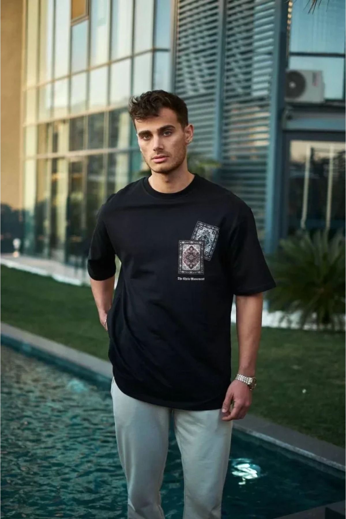 Asap Unisex Bisiklet Yaka Baskılı Oversize T-Shirt - Siyah
