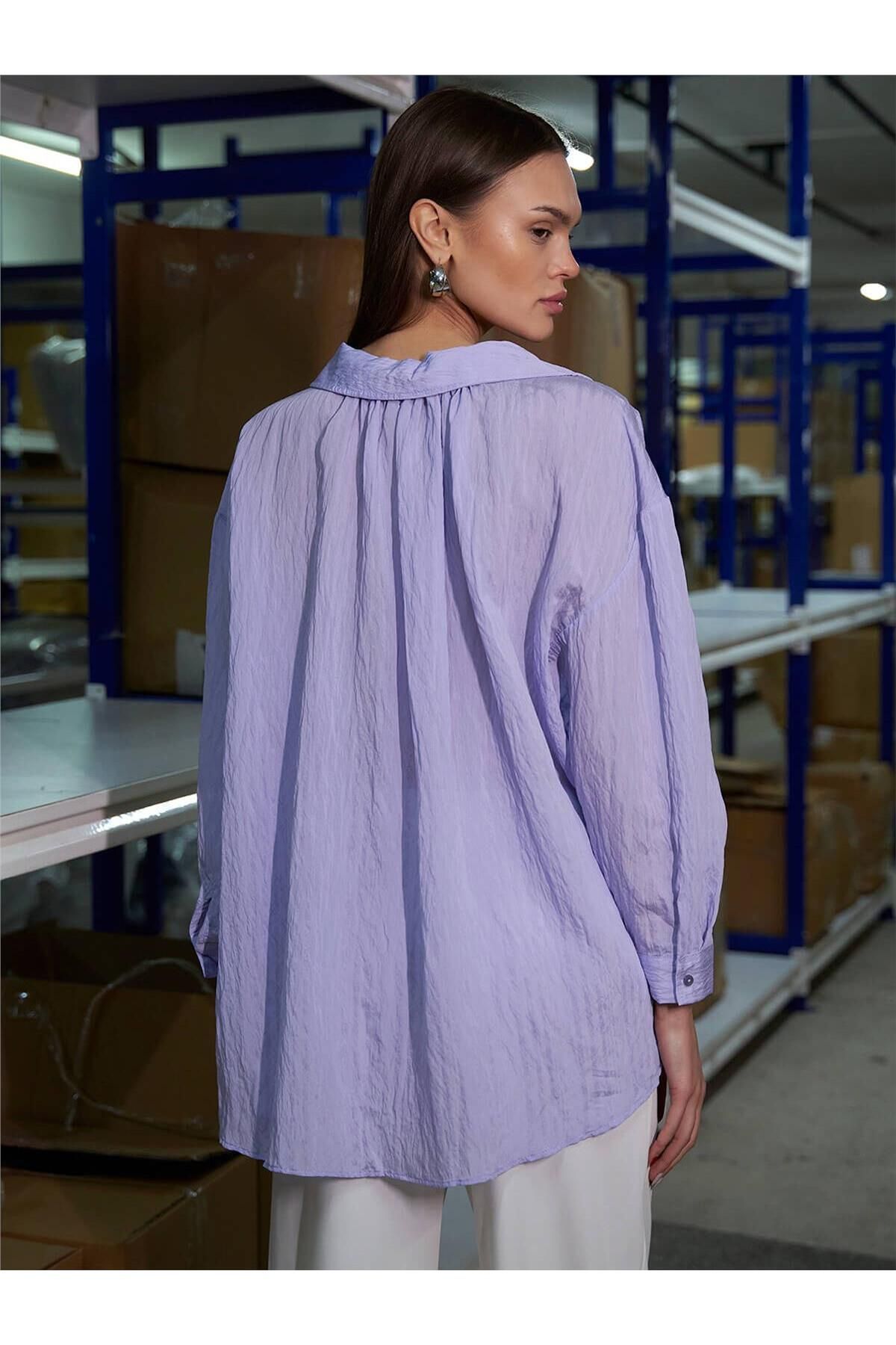 Coral-Lilac Single Pocket V-Neck Oversize Shirt 5