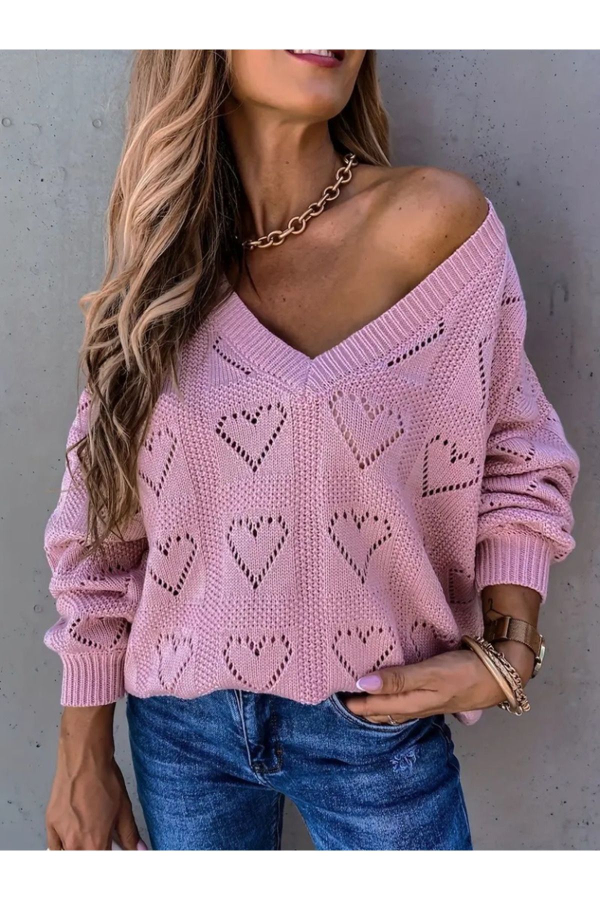 velmorafashion Kadın Uzun Kollu V Yakalı Kalpli Salaş Triko Bluz