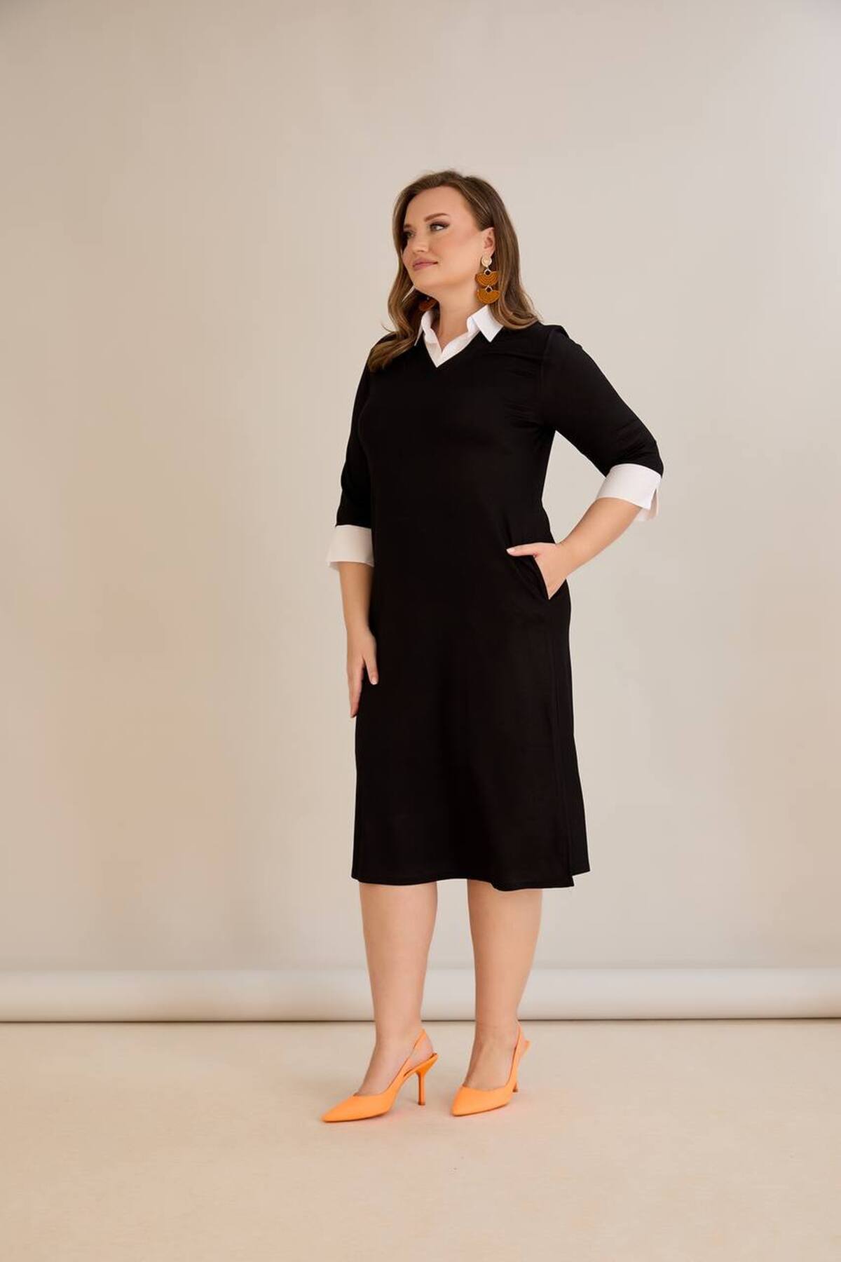 wearon tekstil-Women's Crystal Fabric Shirt Collar Plus Size Dress 7