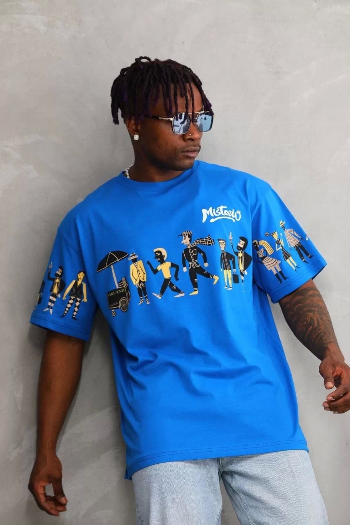 DİAWAYS Unisex Bisiklet Yaka Baskılı Oversize T-Shirt - Mavi