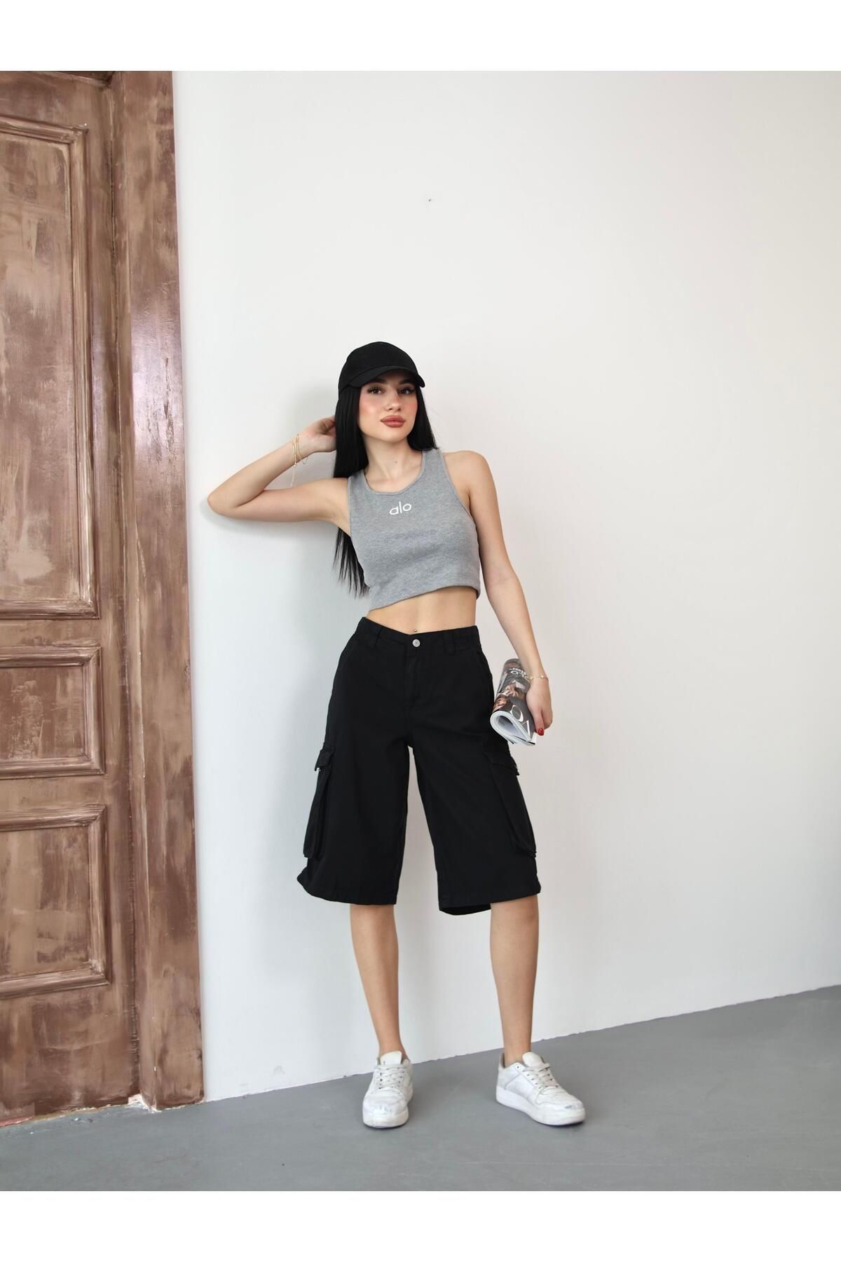 BPF Siyah Bermuda Baggy Cargo Jean Şort