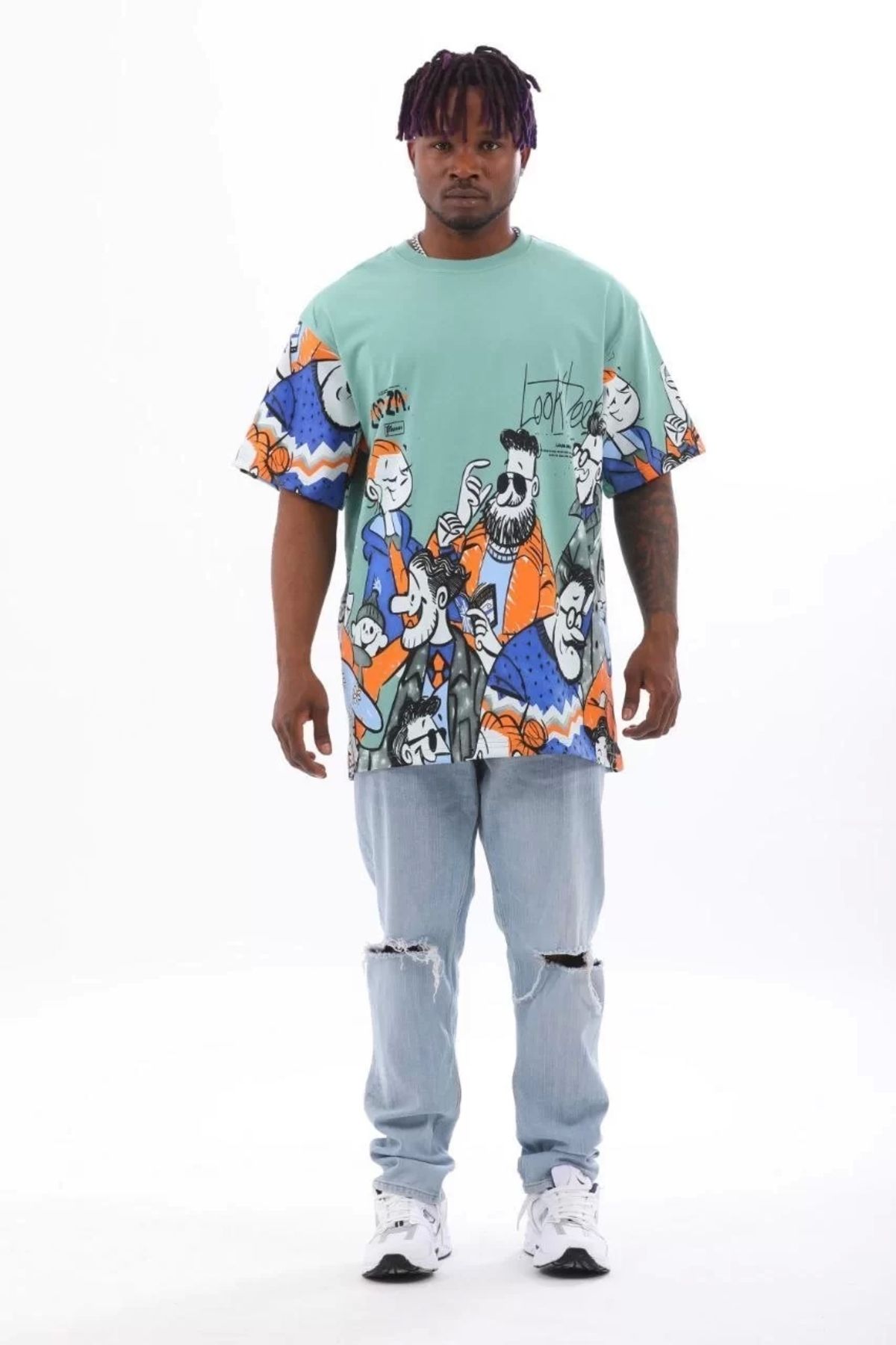 DİAWAYS Unisex Oversize Baskılı Bisiklet Yaka T-Shirt - Mint Yeşili