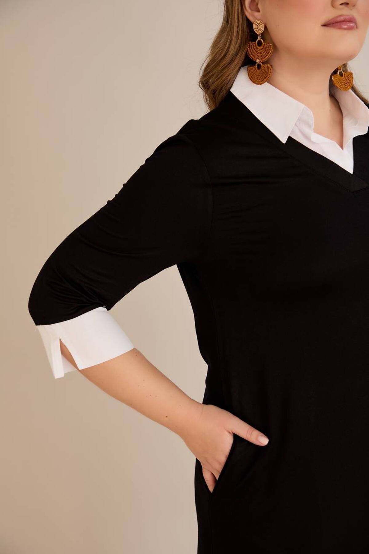 wearon tekstil-Women's Crystal Fabric Shirt Collar Plus Size Dress 3
