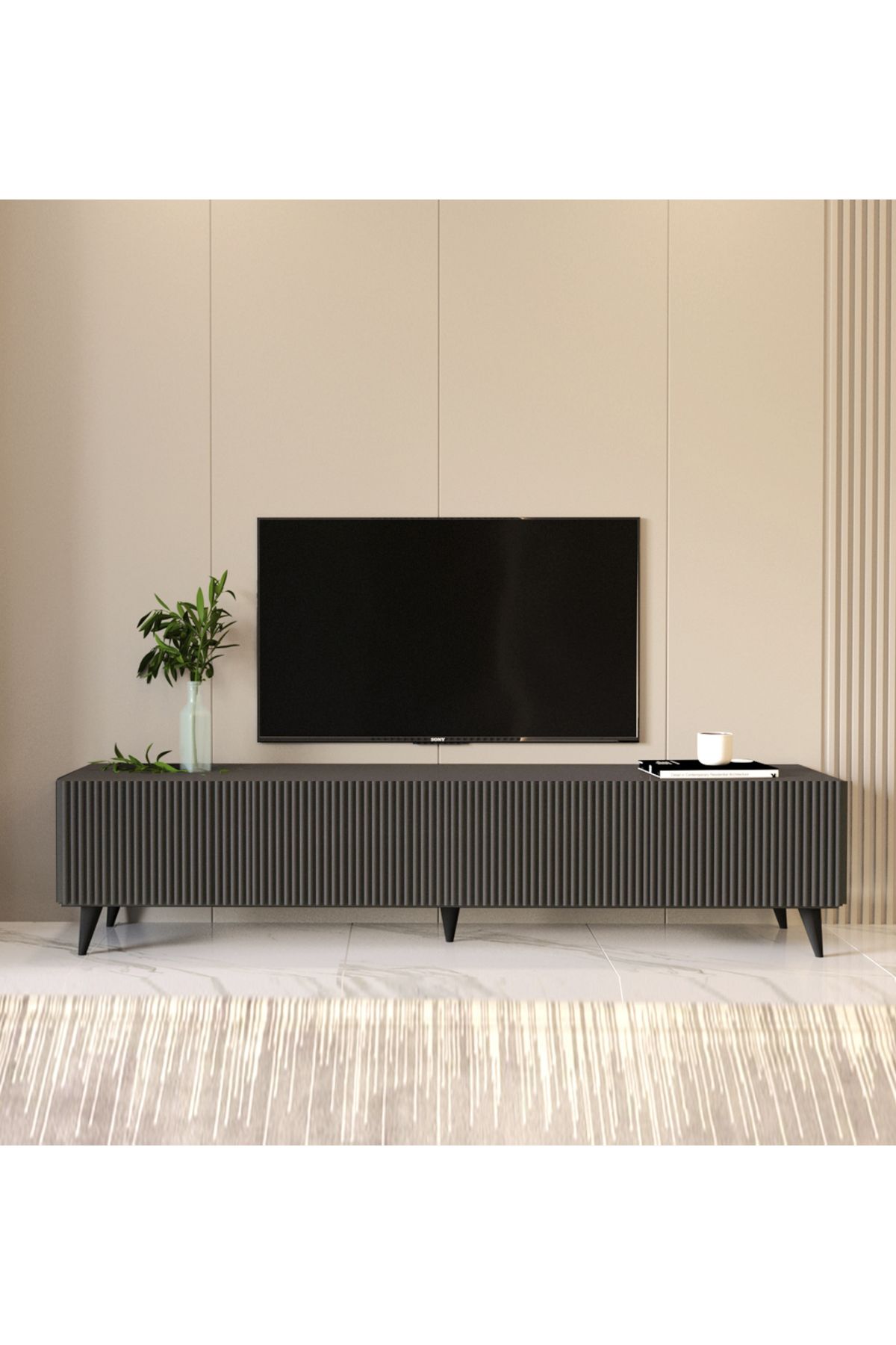 Şahan Yalıtım Elegance Plus - Modern Çizgi Kapaklı Antrasit MDF TV Sehpası 160x45x30