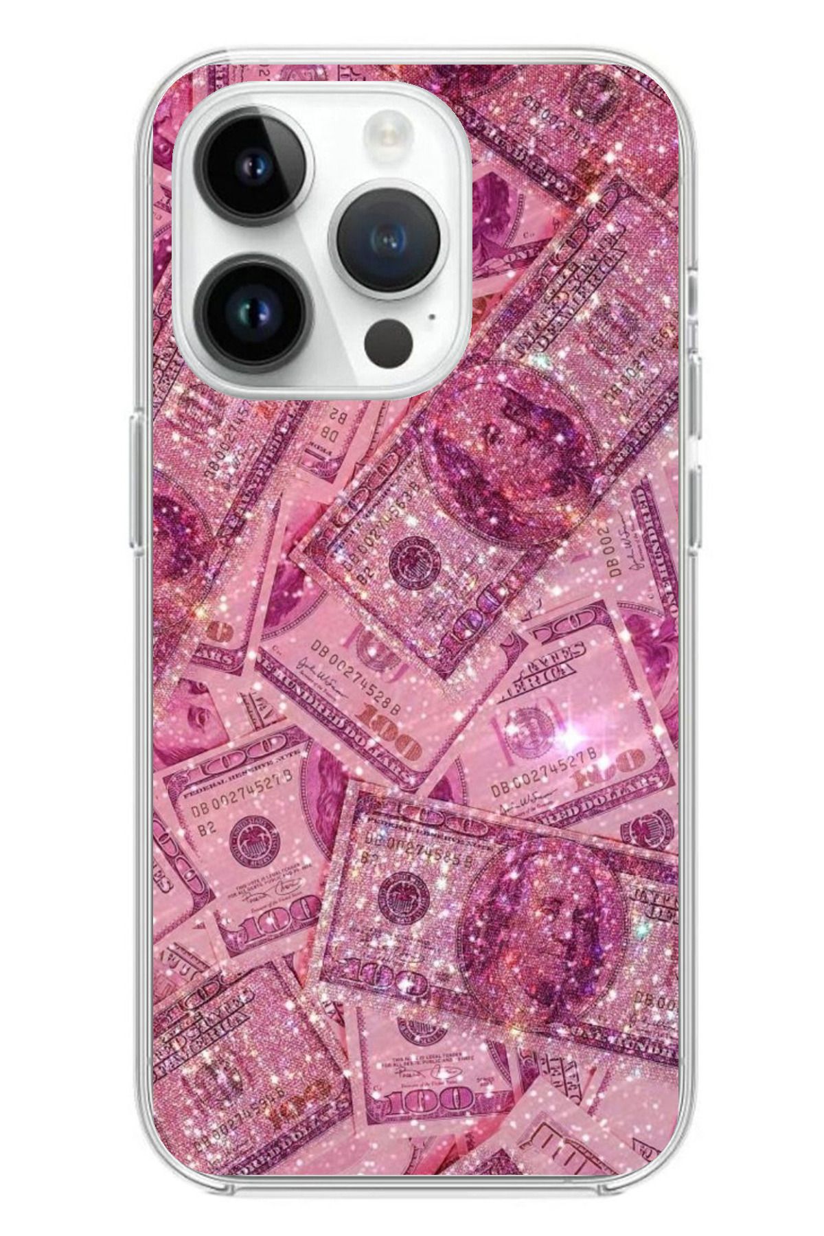 TechTree iPhone 14 PRO MAX Uyumlu Pembe Işıltılı Dolarlar Şeffaf Silikon Kılıf
