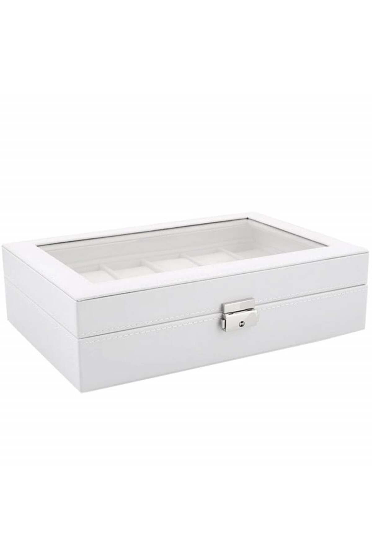 PUFO-Elegant storage box with compartments for 12 watches, Pufo Premium model with key, white 2