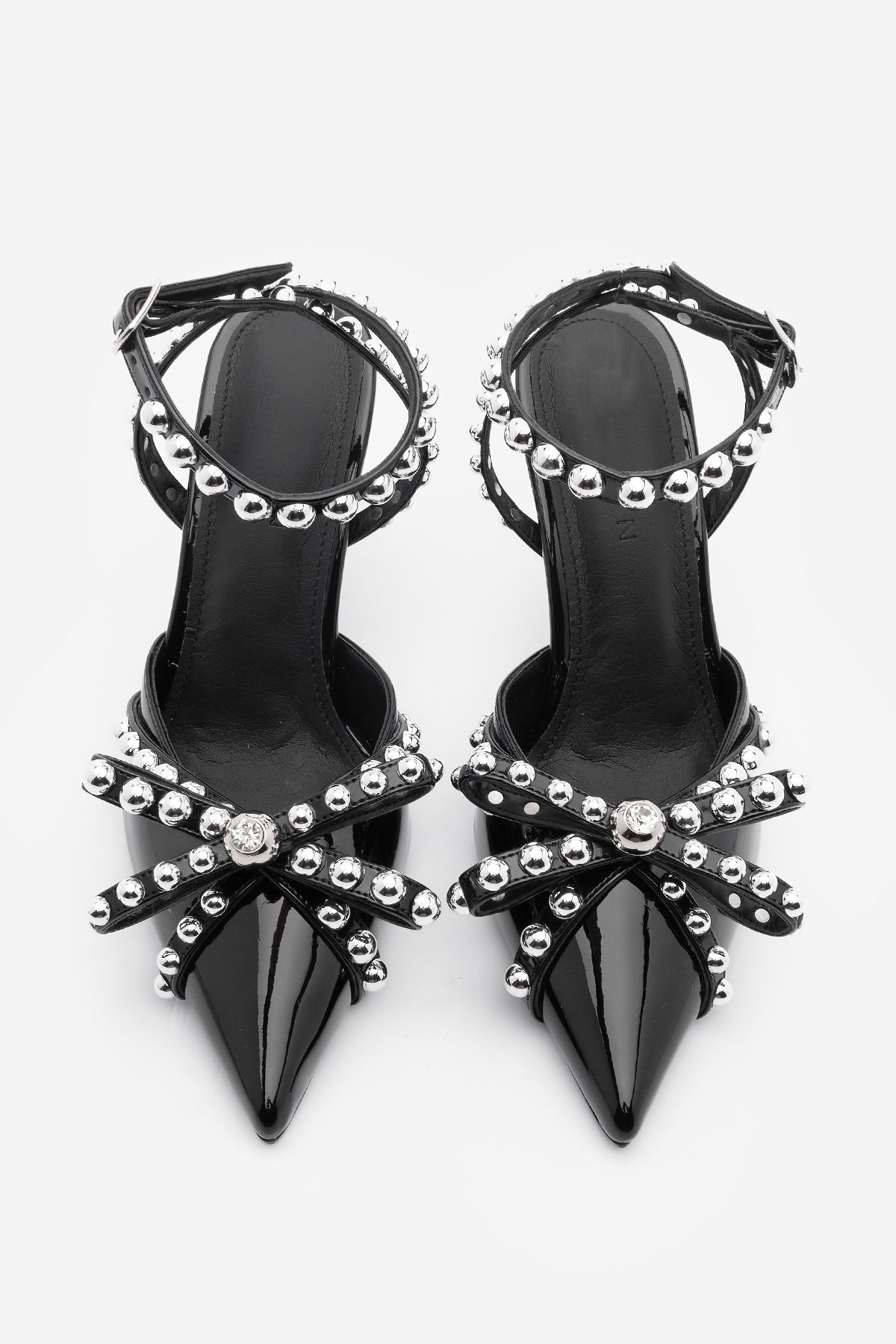 Marjin-Black Patent Leather Lerno - Stiletto Shoes with Trock and Stone Bow 1
