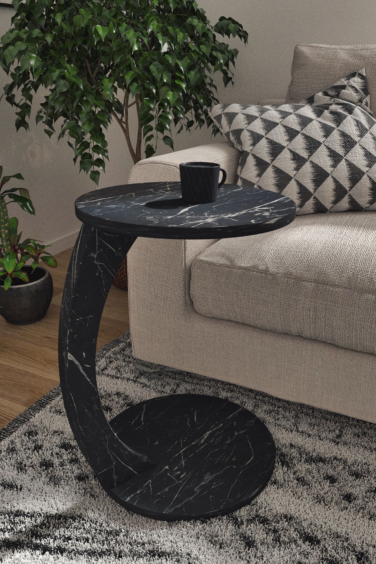 interGO-C-shaped Round End Table With Rolling Wheels - Black Marble 4