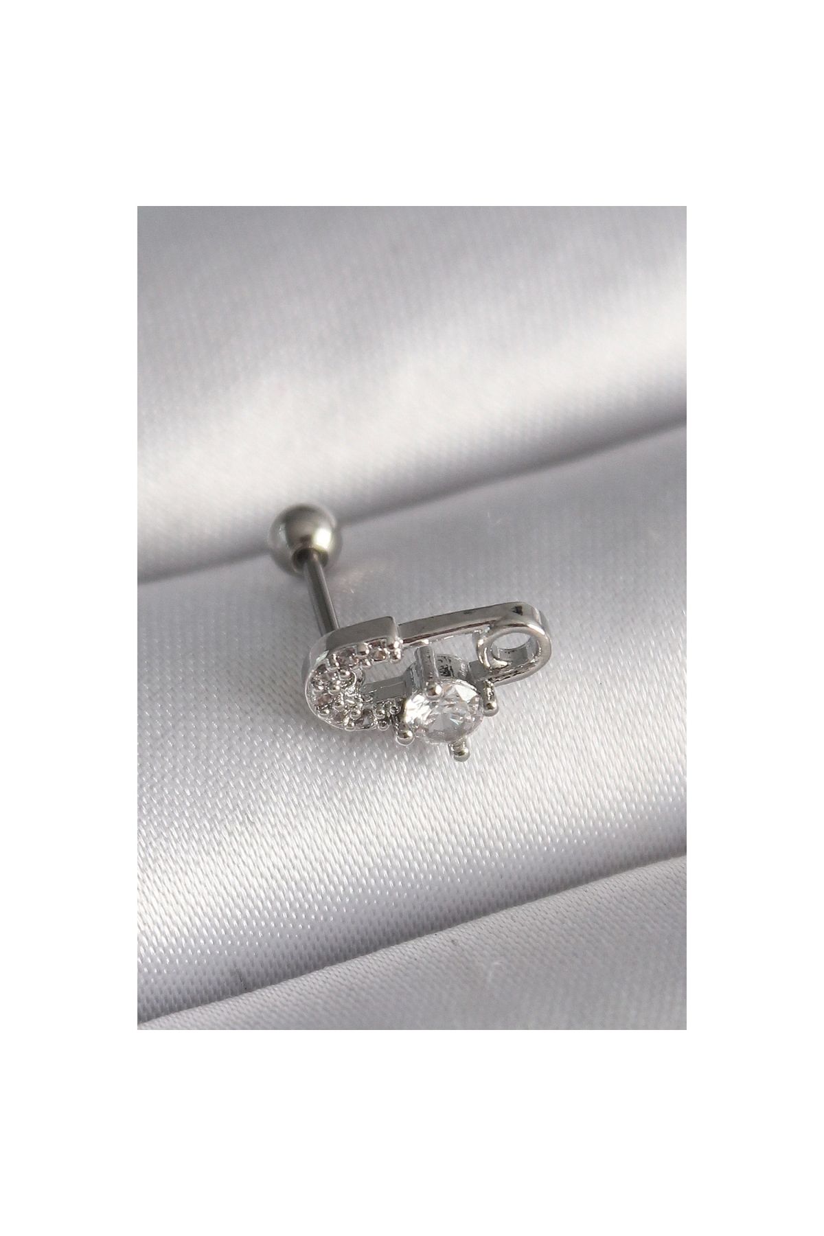 Marsilyan 316L Çelik Gümüş Renk Zirkon Taşlı Toplu İğne Tragus Piercing - TJ-PR1275