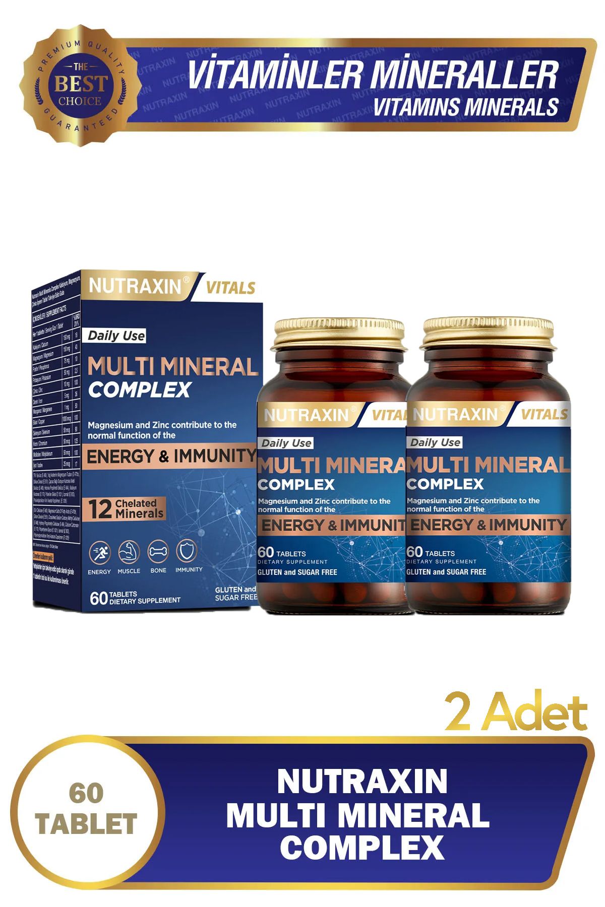 Nutraxin Multi Mineral Complex 60 Tablet Magnezyum, Kalsiyum, Çinko, Demir, İyot, Krom 2 adet