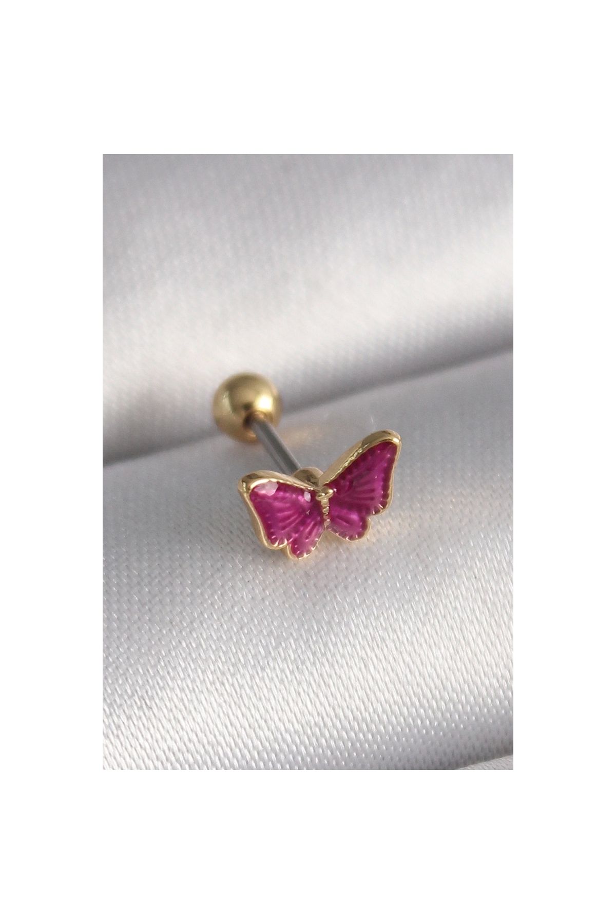 Marsilyan 316L Çelik Gümüş Renk Pembe Kelebek Model Tragus Piercing - TJ-PR1286